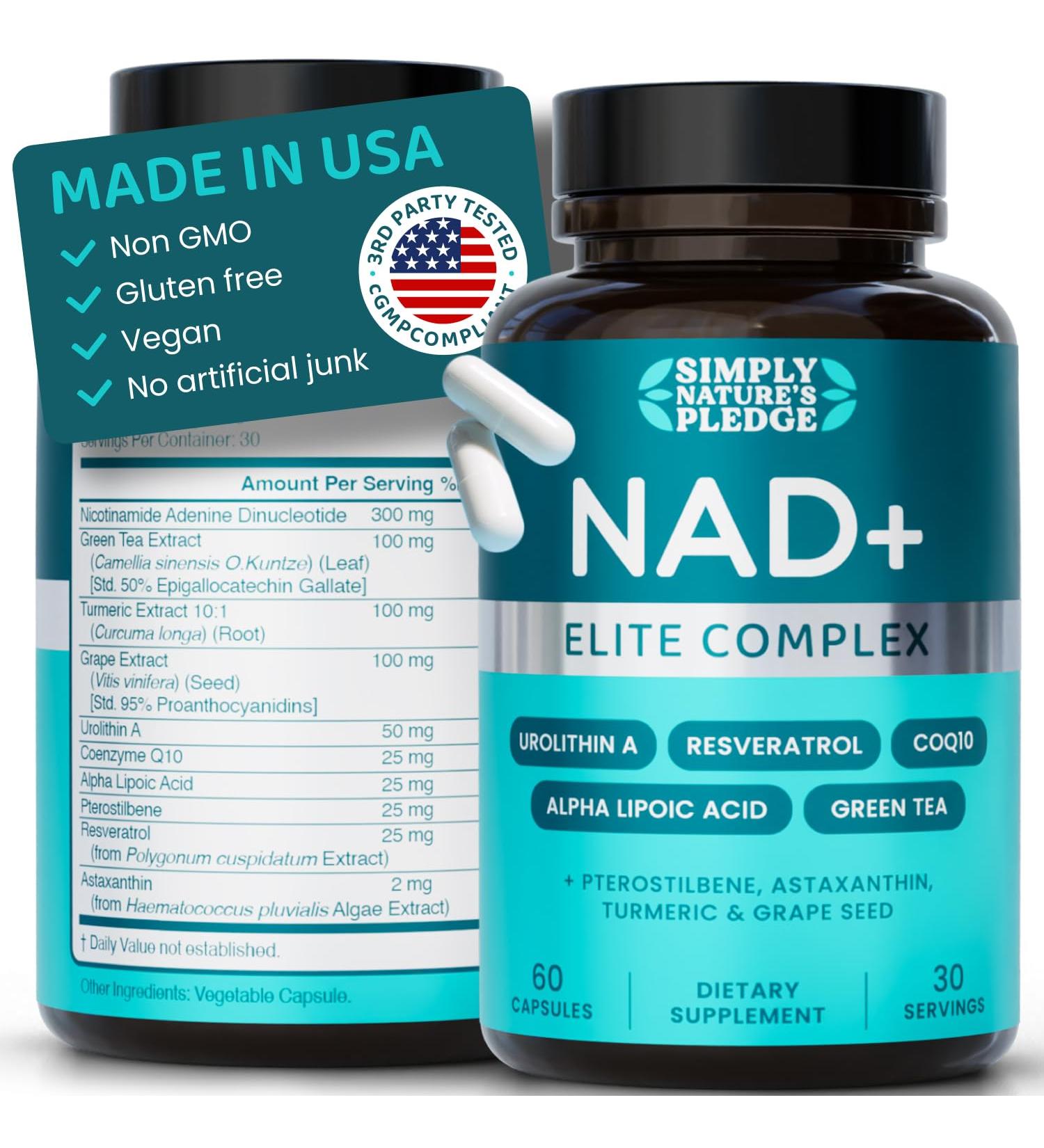 NAD+ Elite Complex Direct NAD+ 300 mg with Urolithin A Resveratrol CoQ10 & Antioxidant Blend Cellular Energy Mitochondrial Support & Healthy Aging Vegan Non-GMO 60 Capsules (30 Servings) 60 Count (Pack of 1) - Buy Online on GoSupps.com