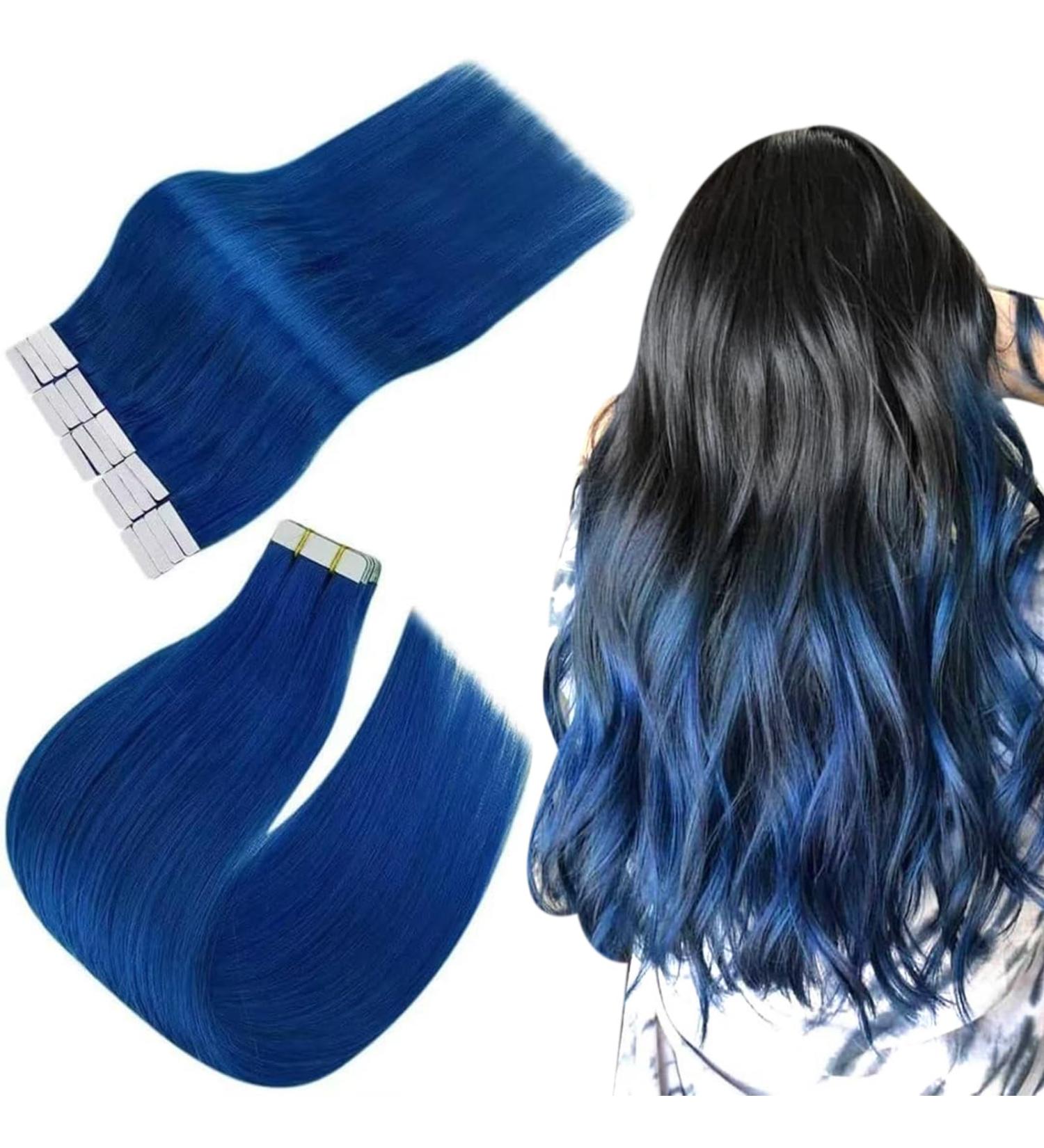 Easyouth 20 Inch Blue Tape in Hair Extensions - 100% Human Hair Coloured Extensions - Natural & Invisible - 10Pcs 25g - Buy Online on GoSupps.com
