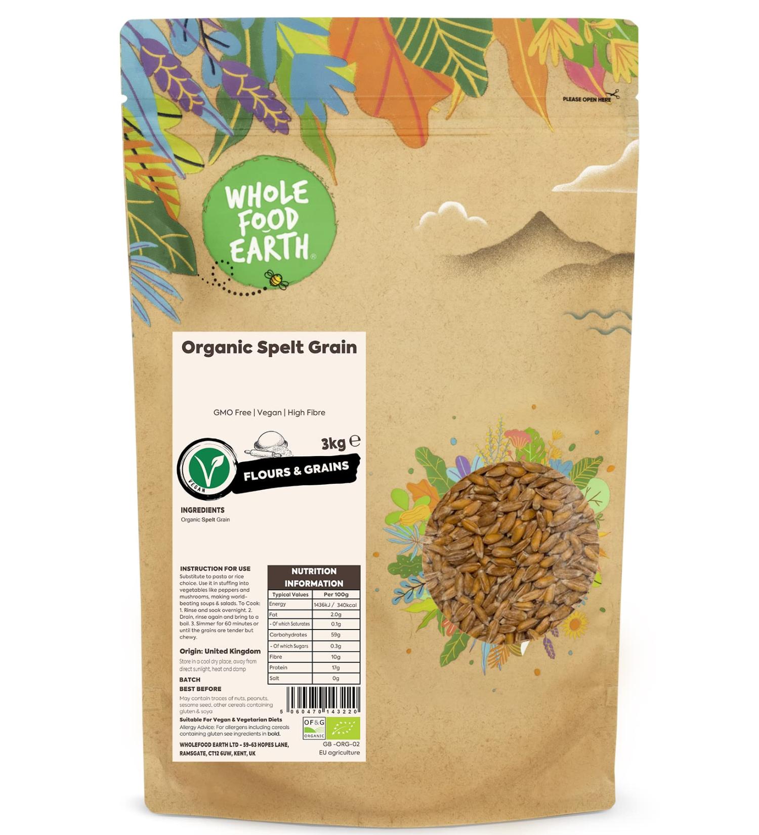 Organic Spelt Grain 3kg | GMO Free | Vegan | High Fibre - Wholefood Earth - Buy Online on GoSupps.com