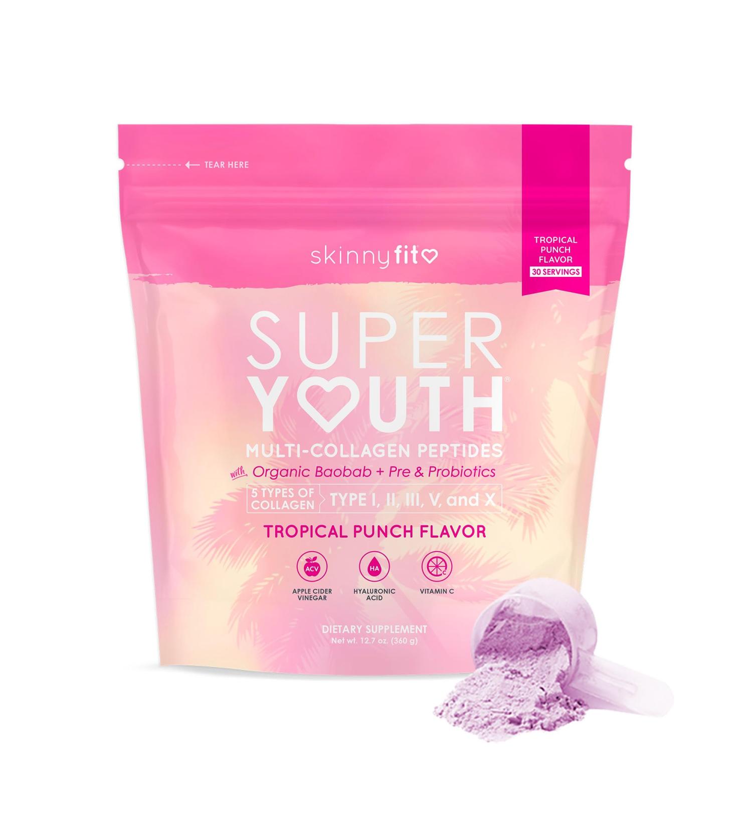 SkinnyFit Super Youth Tropical Punch - Multi-Collagen Peptides + Probiotics for Skin Hair Joints & Metabolism Support | 30 Servings | International Shipping - Buy Online on GoSupps.com