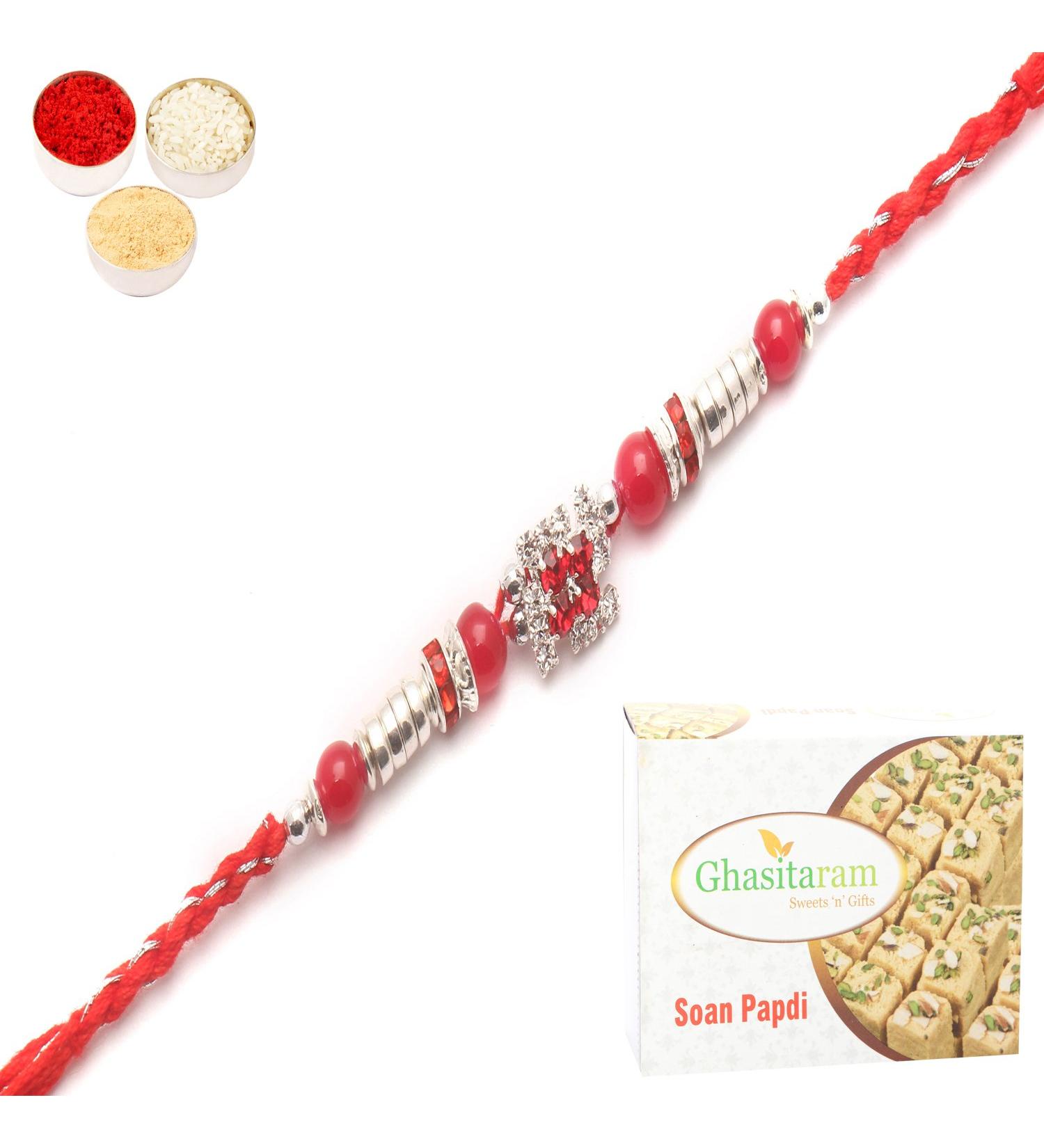 Ghasitaram Gifts Rakhi for Brother Rakhis Online - 8983 Diamond Rakhi with 400 GMS of Soan Papdi - Buy Online on GoSupps.com