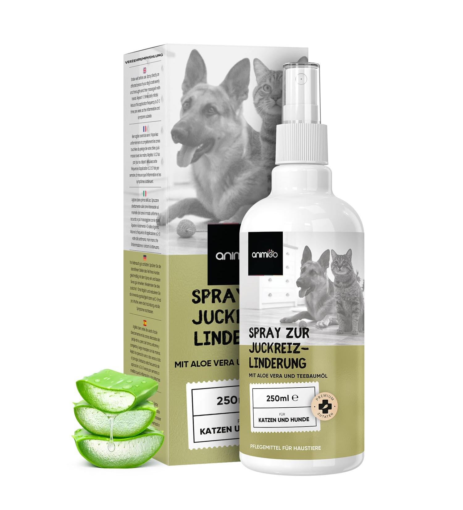 Animigo Anti-Itching Spray for Dogs & Cats - 250ml Fur Care with Aloe Vera & Tea Tree Oil - Natural Wound Spray for Itchy Skin Allergies Hot Spots & Parasites - Buy Online on GoSupps.com
