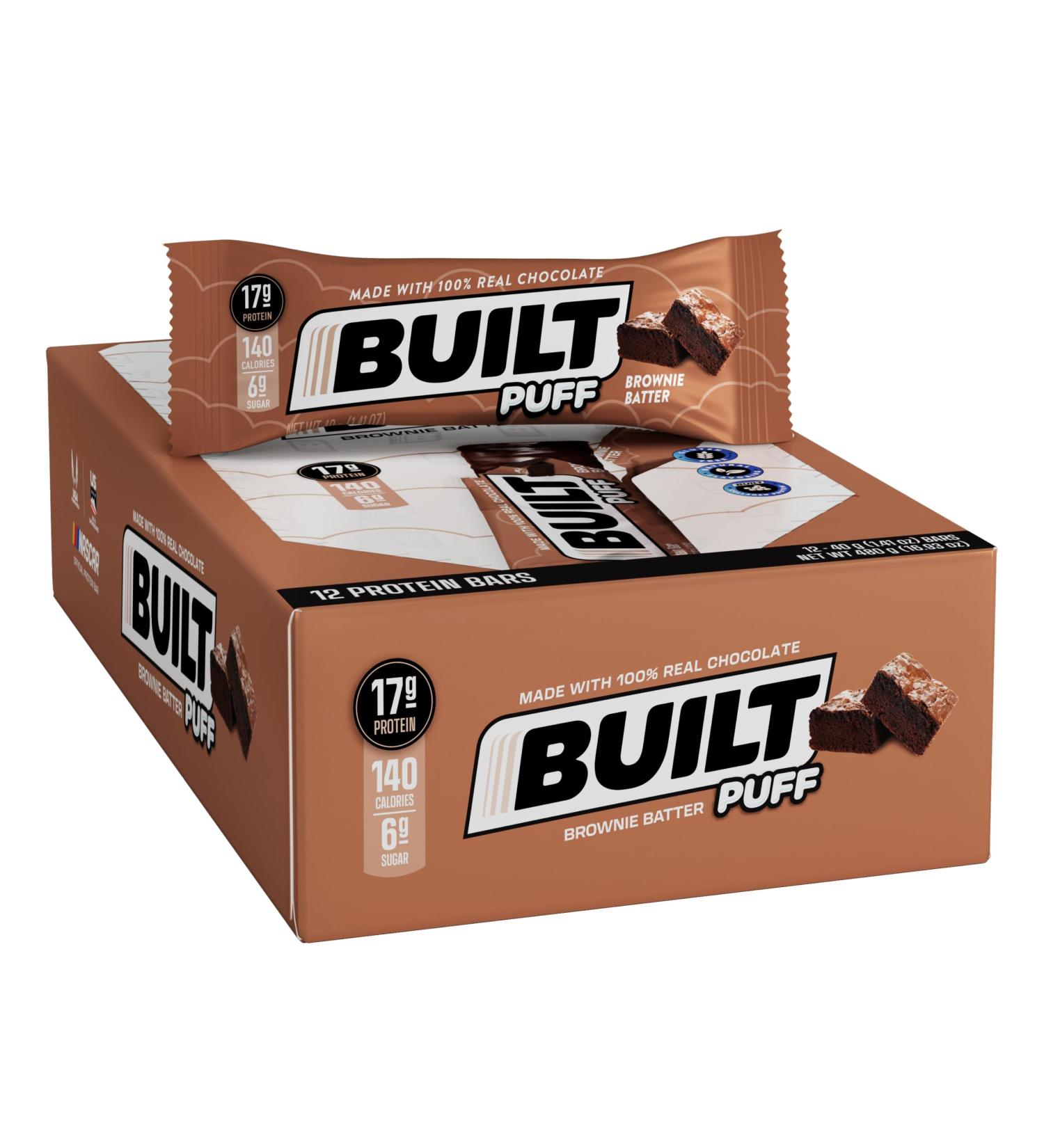 Built Bar 12 Pack High Protein and Energy Puffs- Low Carb Low Calorie Low Sugar- Delicious Healthy Snack - Gluten Free (12-Pack Brownie Batter) Brownie Batter 12-Pack - Buy Online on GoSupps.com