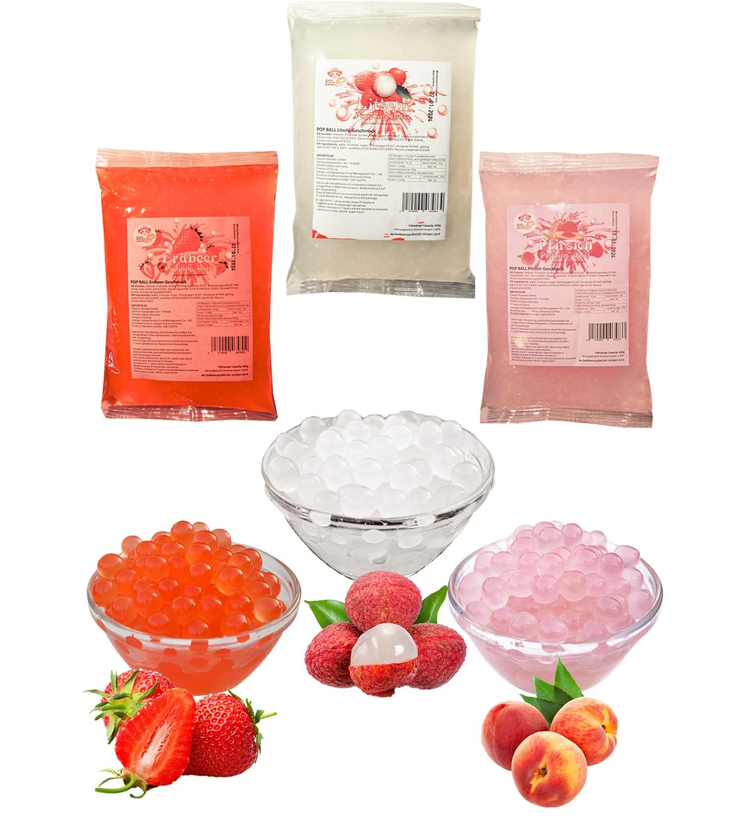 Buy Bubble Tea Popping Boba Mix - 3 x 600g Peach Strawberry Lychee - Gluten-Free & Certified - DIY Bubble Tea Ingredients - Buy Online on GoSupps.com
