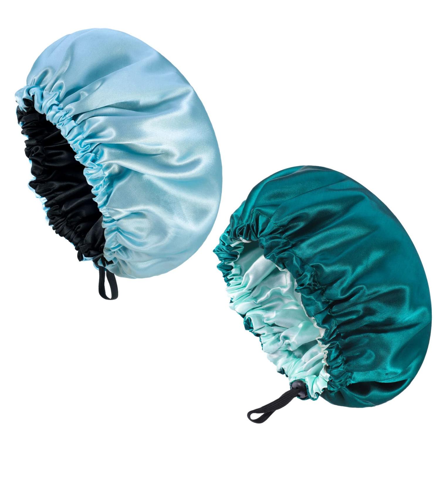 NADONEL 2 Pcs Silk Bonnet Sleep Cap Adjustable Silk Bonnet Sleep Cap Waterproof Satin Hair Cap Night Cap Double Layer Satin Bonnet for Women Girls Black Curly Hair (Blue+Green) - Buy Online on GoSupps.com