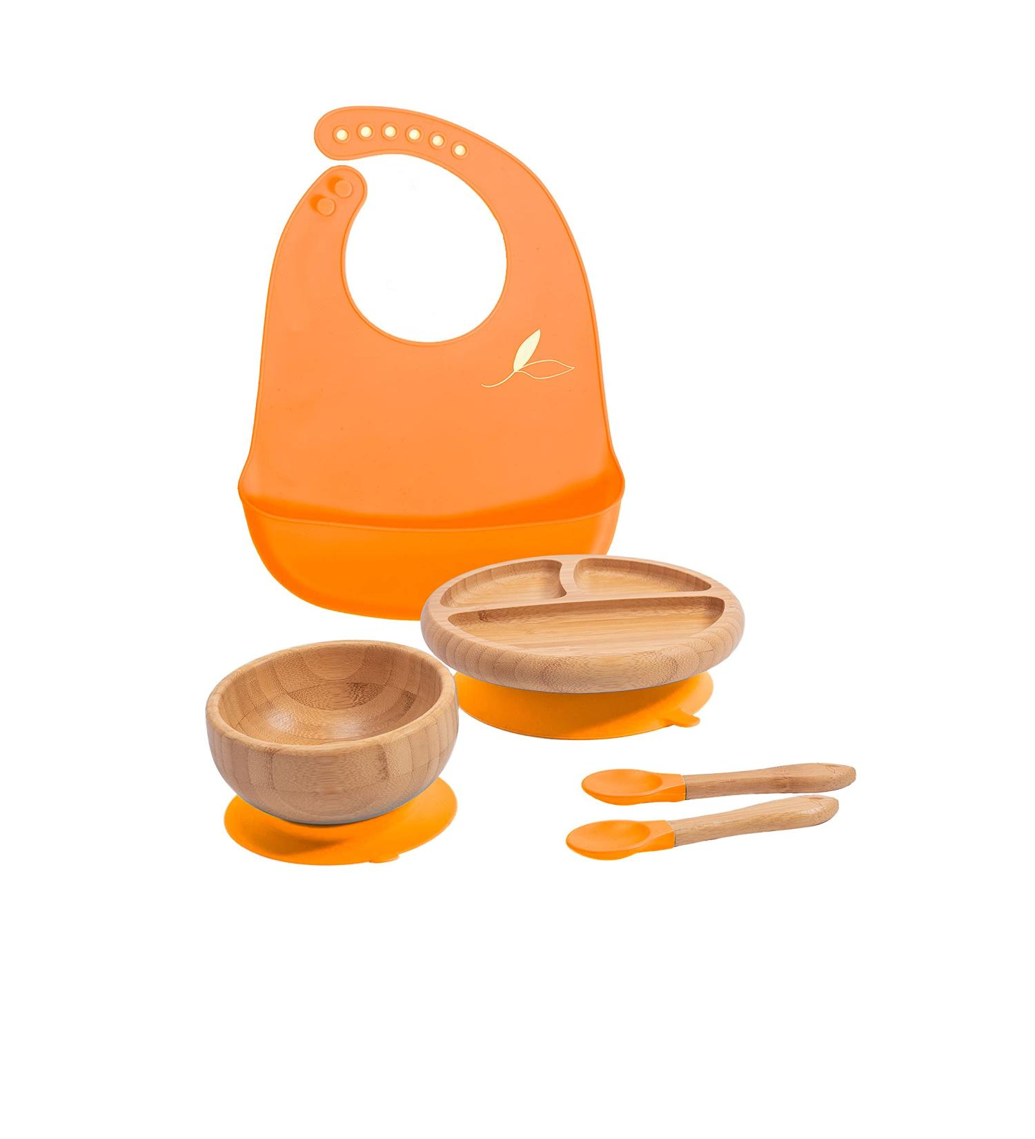 Love Earth Bamboo Baby Weaning Set - 5 Piece Including Suction Plate, Bowl, Spoons, Silicone Bib - Eco-Friendly Set for Babies 3 Months to 6 Years (Orange) - Buy Online on GoSupps.com