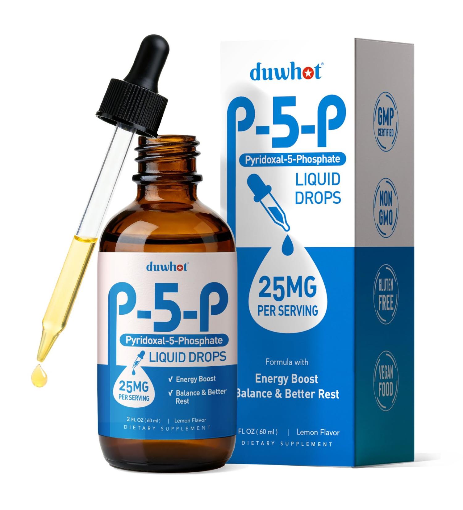 duwhot P5P Vitamin B6 25mg Pyridoxal-5-Phosphate Activated B6 Liquid Drops for Women & Men Energy Support Balance Nervous System Health 2 Fl Oz - Buy Online on GoSupps.com