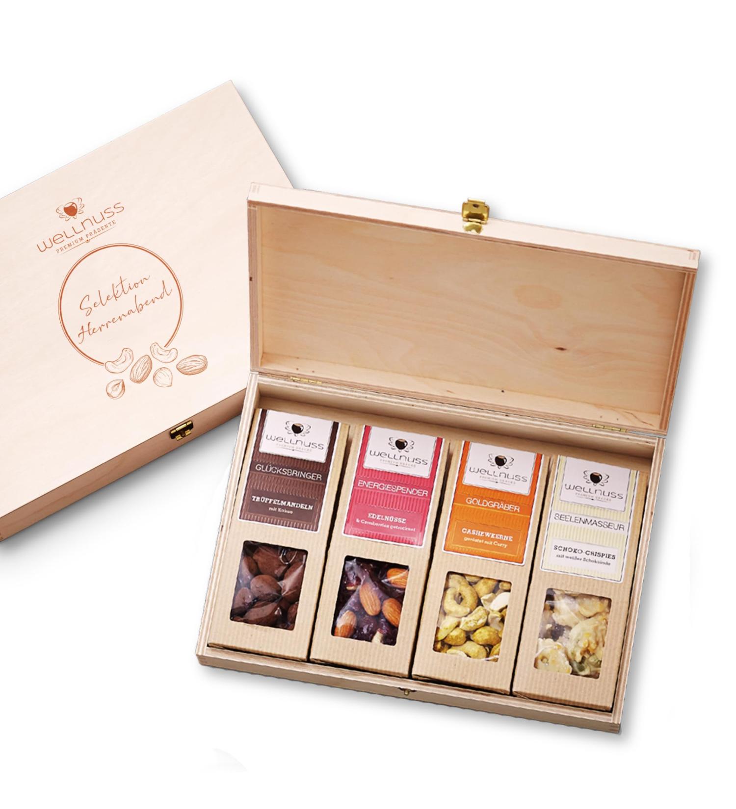Men's Evening Gift Set - Noble Nuts & Chocolate | Premium Snacks in Birch Wood Box | Perfect Gift for Dad Brother Friend Grandpa | Wellnut Selection - Buy Online on GoSupps.com