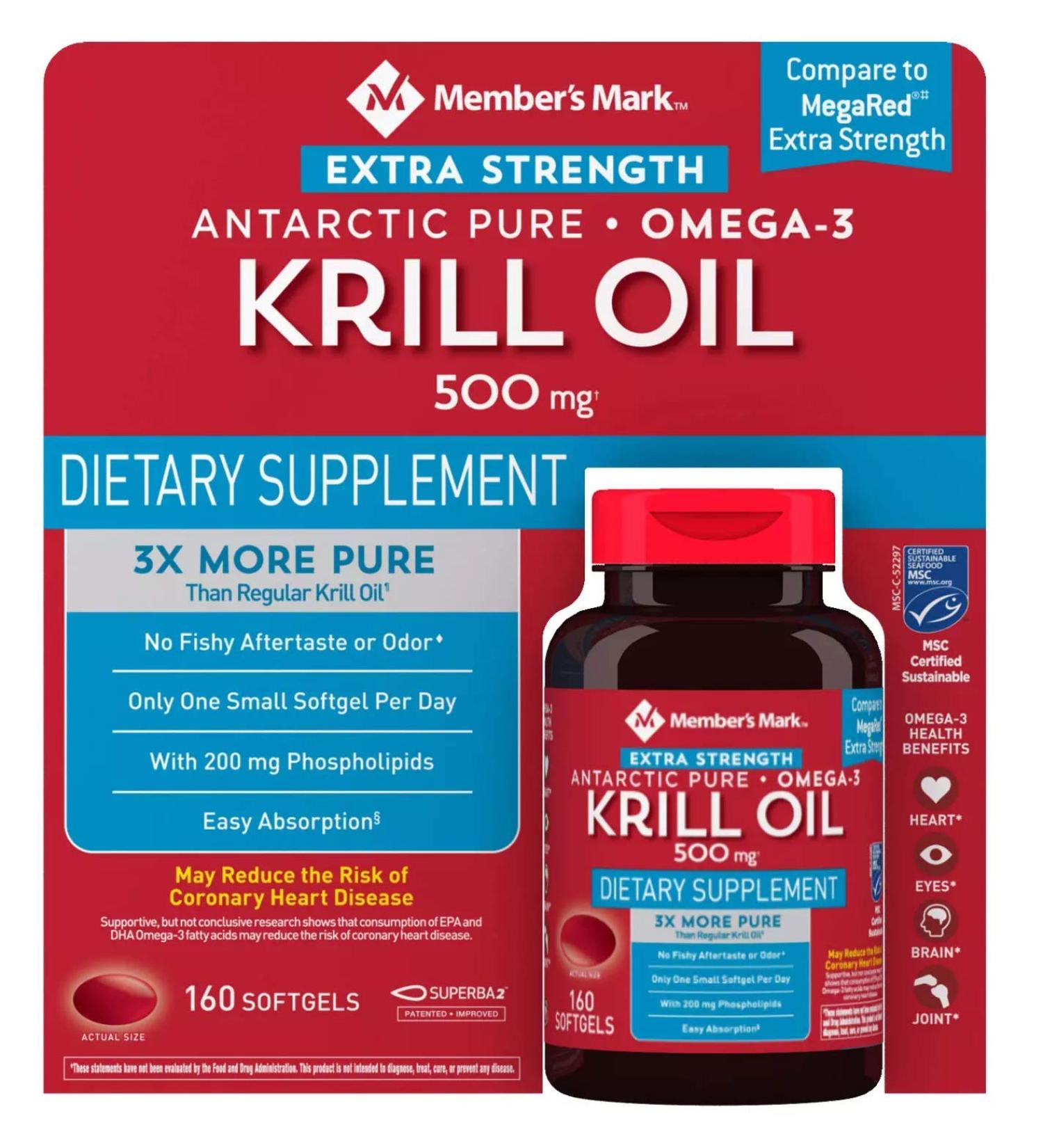 Member's Mark Antarctic Pure Omega-3 Krill Oil 500mg - 160ct, Extra-Strength - Buy Online on GoSupps.com