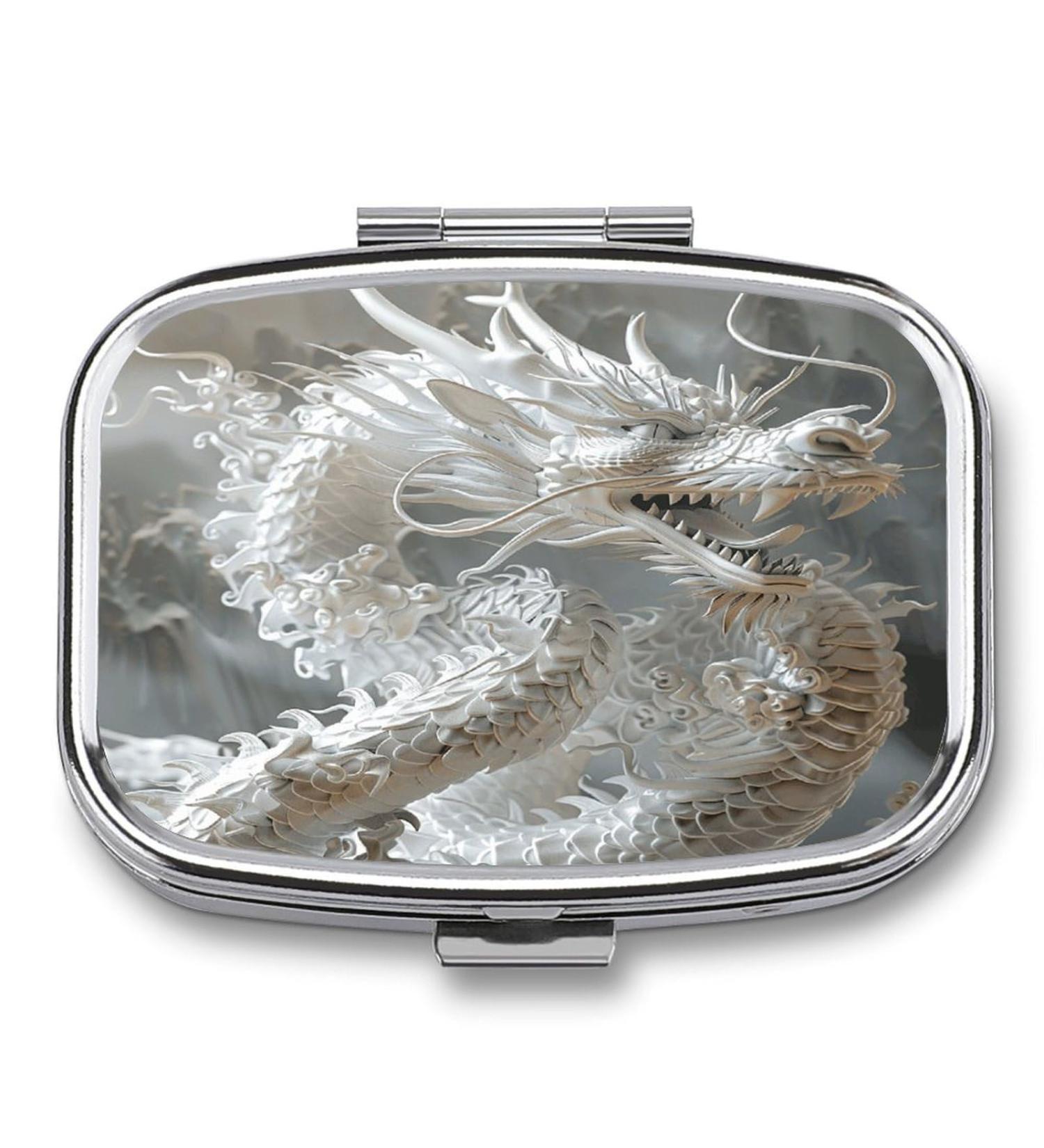 White Dragon Style Pill Box - 2 Compartment Decorative Metal Pill Organizer for Pocket & Purse - Portable Medicine Case - Buy Online on GoSupps.com