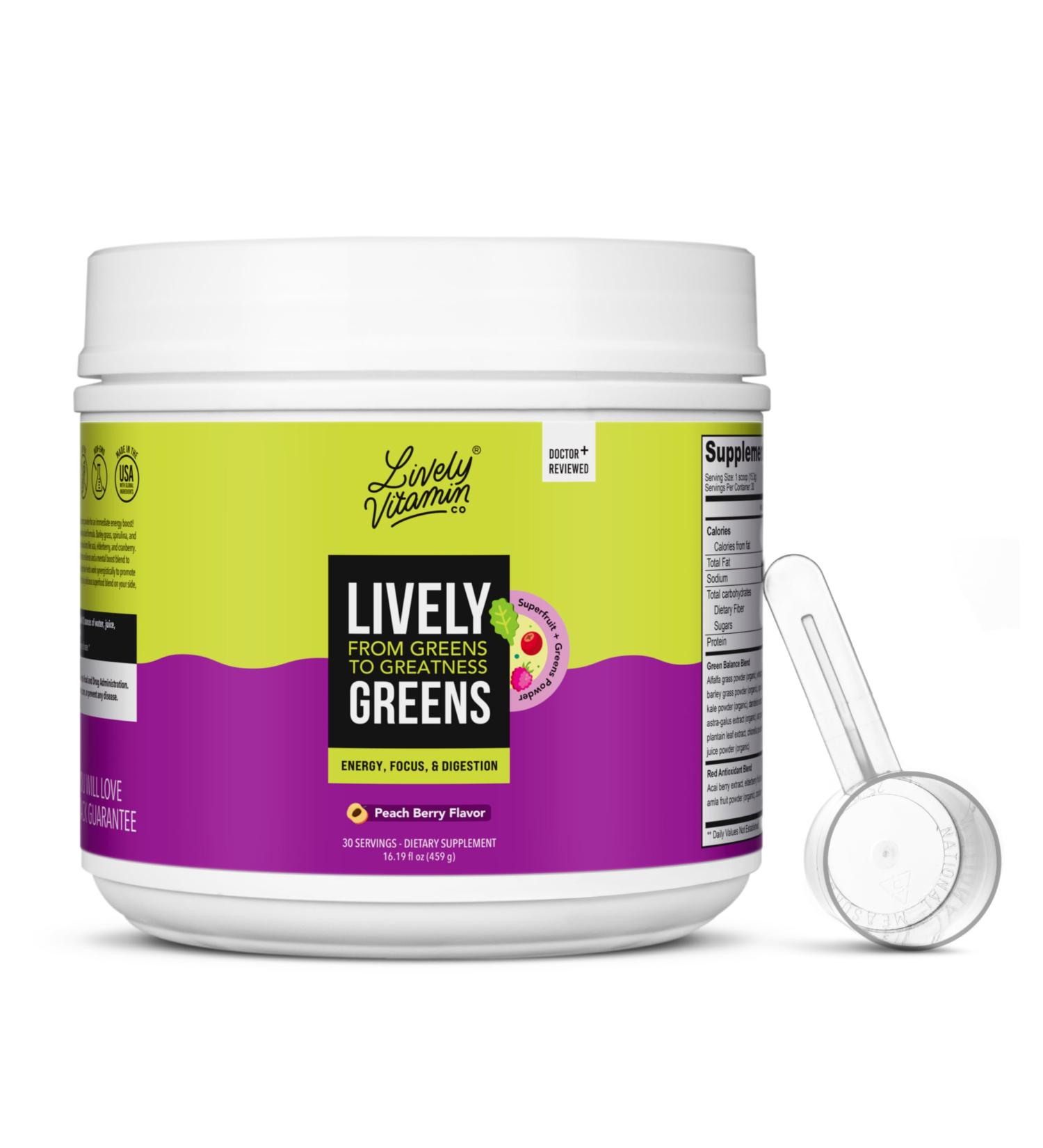 LIVELY VITAMIN CO Lively Greens w/Reds - 42 Superfood Ingredients - Memory, Focus, Mood, Digestion & Energy - Brain, Immune, Digestive & Heart Health - Bloating - Probiotics - Adaptogens - 16.19oz - Buy Online on GoSupps.com