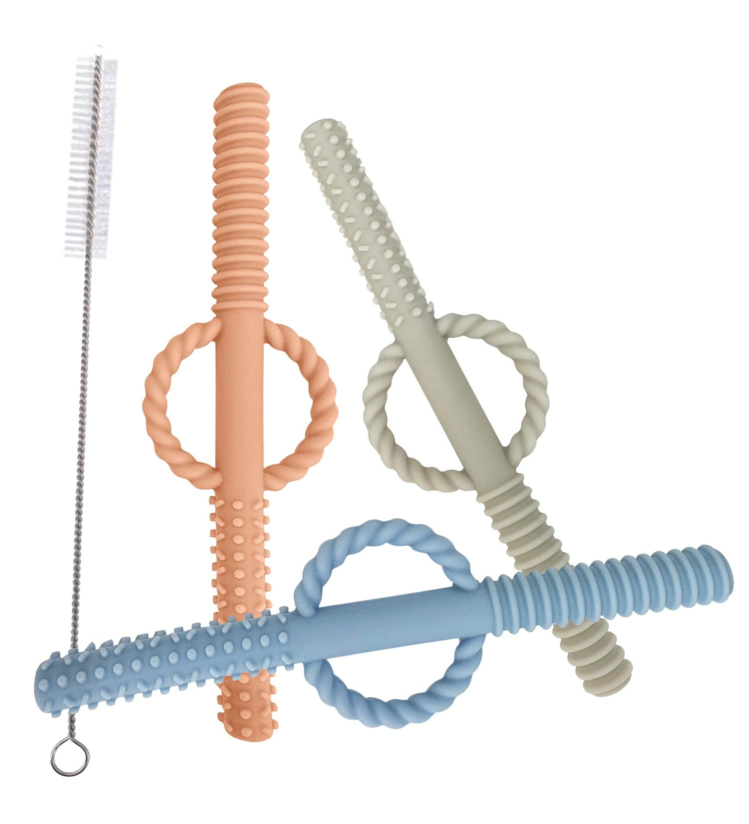 Petite Bee Silicone Baby Teether Tubes - 3 Pack Chew Straws for Toddlers (Blue) - Buy Online on GoSupps.com