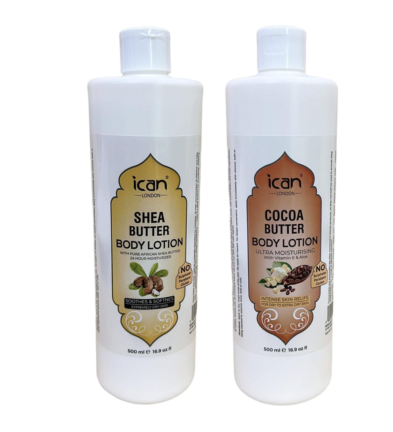 Set of ican London Shea Butter Body Lotion 24Hr Moisturising Effect 500ml + Cocoa Butter Ultra Moisturising Body Lotion With Vitamin E And Aloe Extract 500ml - Buy Online on GoSupps.com