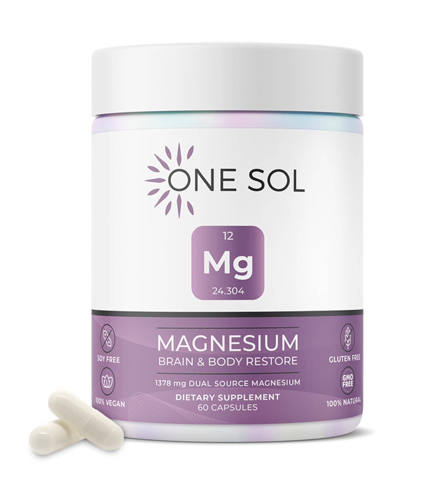 One Sol Magnesium 1378 mg Dual Source Magnesium Bisglycinate for Sleep Relaxation and Full Body Recovery High Absorption Vegan Non-GMO Gluten & Soy-Free Made in USA 60 Capsules - Buy Online on GoSupps.com