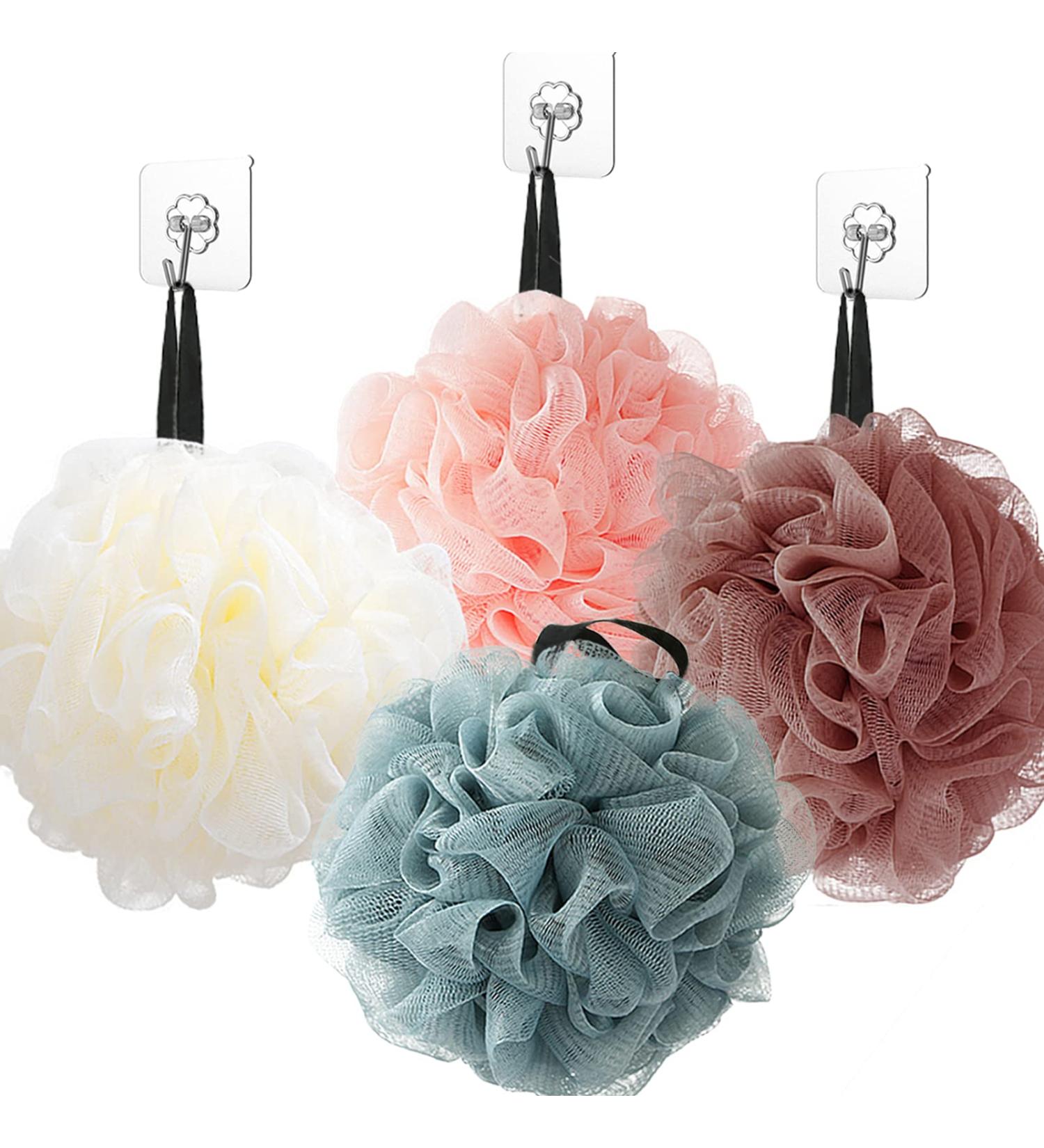 4 Pack Bath Sponge Loofah Set with Hook - Soft Mesh Shower Puff for Exfoliating Scrubbing - Beauty Bathing Accessories - Buy Online on GoSupps.com