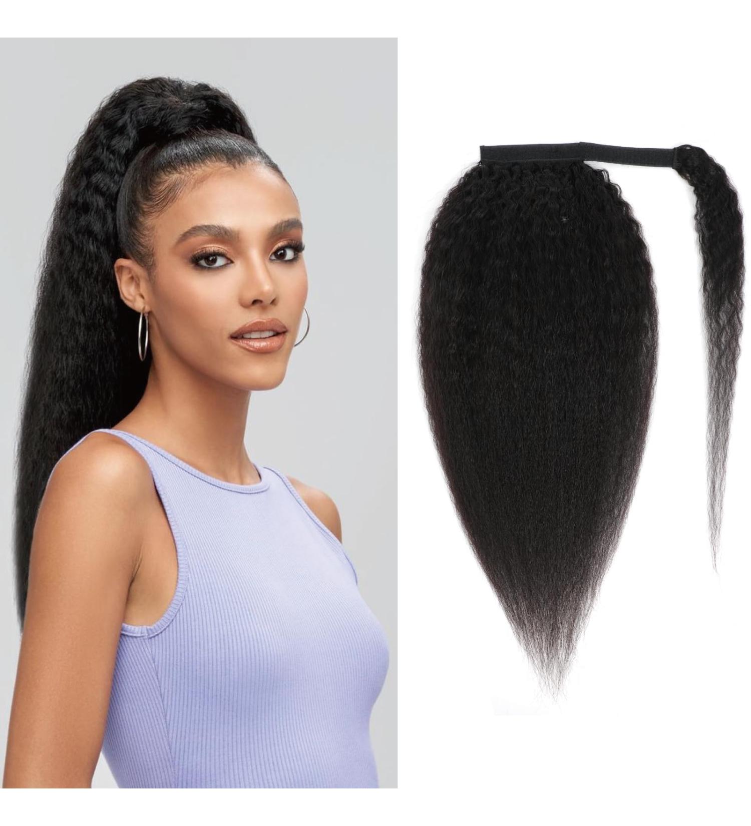 Humistwbiu Kinky Straight Ponytail Human Hair with Wrap Around Magic Tape Brazilian Virgin Human Hair Ponytail for Black Women Yaki Hair Natural Black Color (16 Inch Kinky straight Ponytail) 16 Inch Kinky Straight-Wrap Around - Buy Online on GoSupps.com