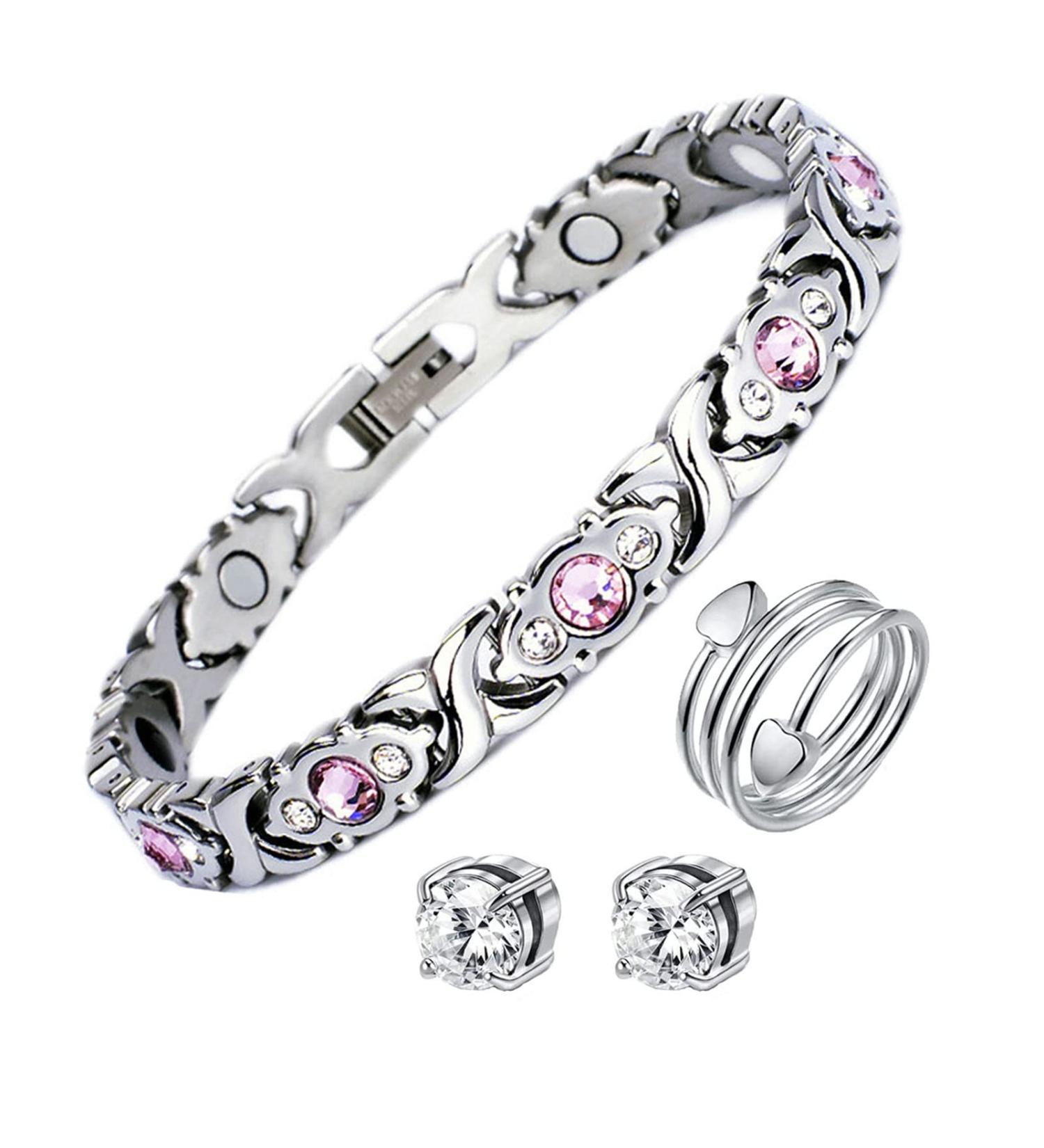 Magnetic Bracelet Ring Earrings Set for Women | Lymph Detox & Drainage Jewelry Set | Silver Acupressure Earrings - Buy Online on GoSupps.com