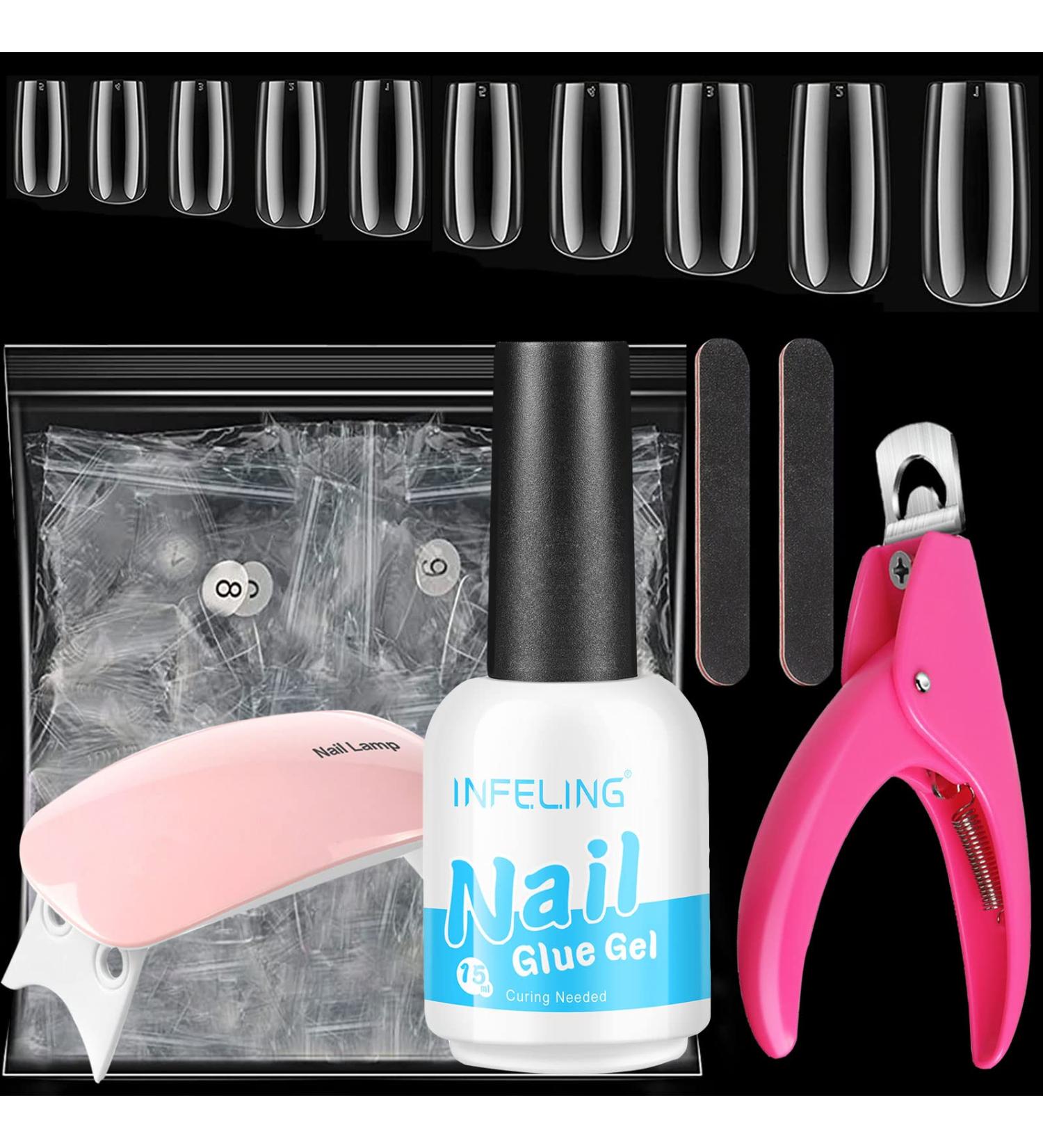 INFELING Nail Tips and Glue Gel Kit - 4 in 1 Gel Nail Set with 500 Clear Square Nails, Acrylic Nail Clippers, Portable Lamp, and Files - DIY Nail Art Supplies - Buy Online on GoSupps.com