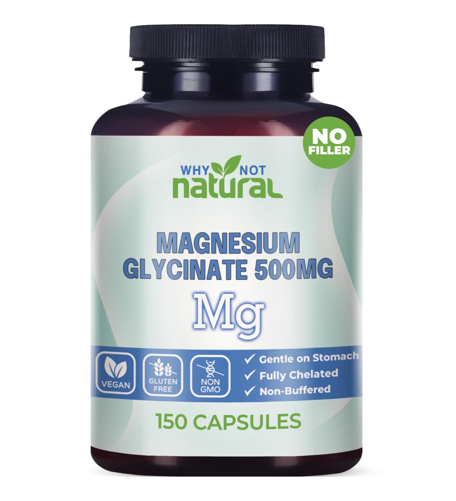 Why Not Natural Magnesium Glycinate 500 mg Capsules Supplement - Vegan No Filler - Supports Sleep and Relaxation - Buy Online on GoSupps.com