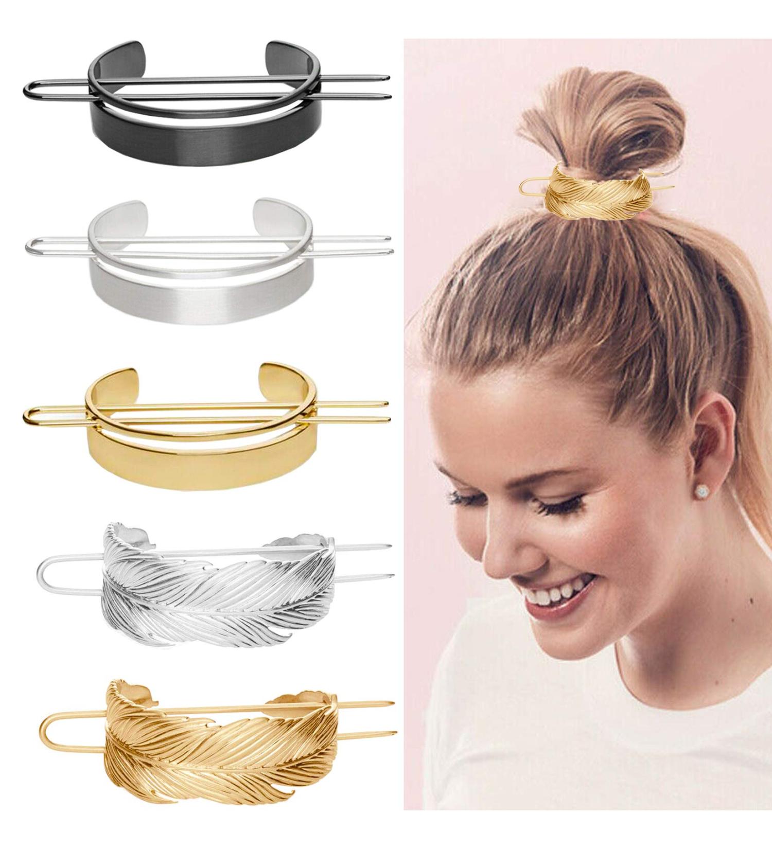 5-Piece Round Top Hair Stick Set | High Polished Alloy Bun Cage Feather Hair Clip | Wedding Hair Accessories for Women Girls (Gold Silver Black) - Buy Online on GoSupps.com