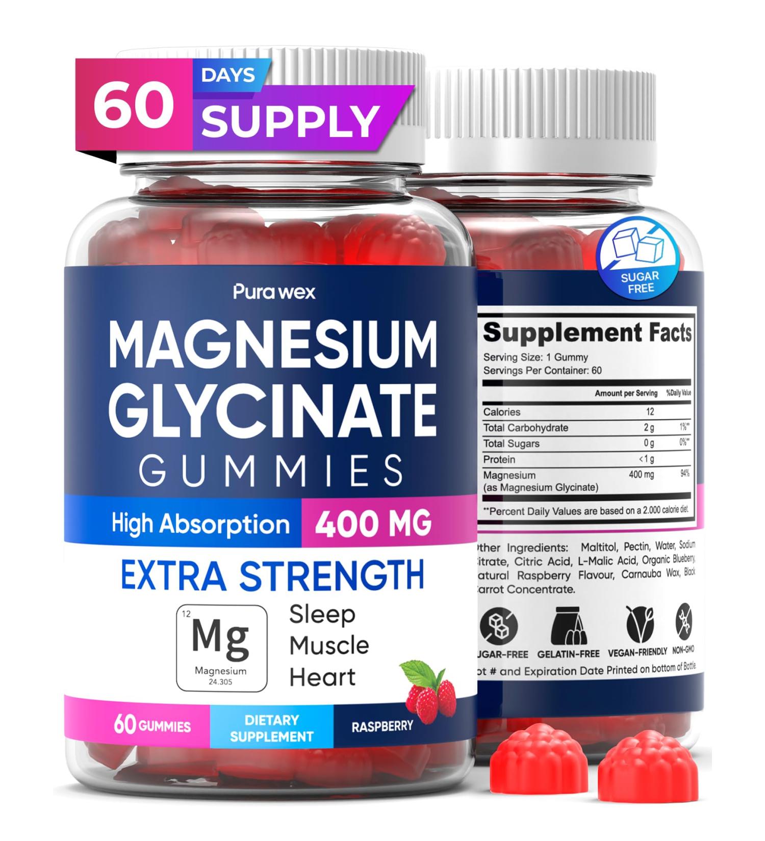 Magnesium Glycinate Gummies 400mg High Absorption Magnesium Supplement for Women Men and Kids Muscle Support and Relaxation Sugar Free Vegan 60 Days Supply Raspberry - Buy Online on GoSupps.com