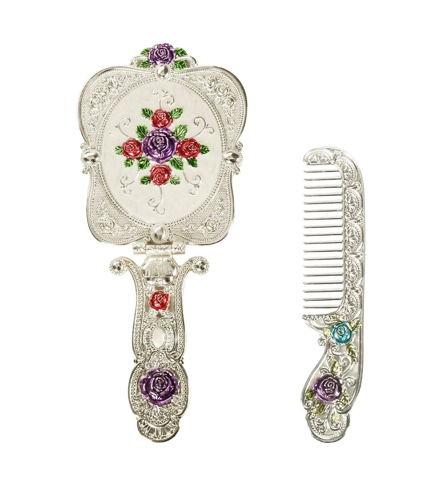 YUSONG Vintage Handheld Mirror & Comb Set - Embossed Rose Small Vanity Mirror - Travel-Friendly Antique Hand Mirror - Gift for Women (Silver) - Buy Online on GoSupps.com