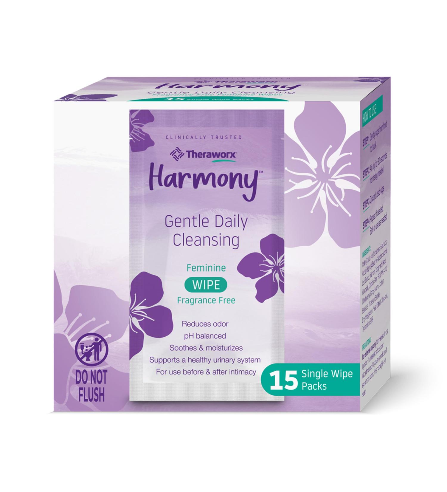 Theraworx Harmony Gentle Daily Cleansing Feminine Wipes - Fragrance Free pH Balanced Odor Reducing Travel Size 15 Count - Perfect for On-the-Go Use - Buy Online on GoSupps.com