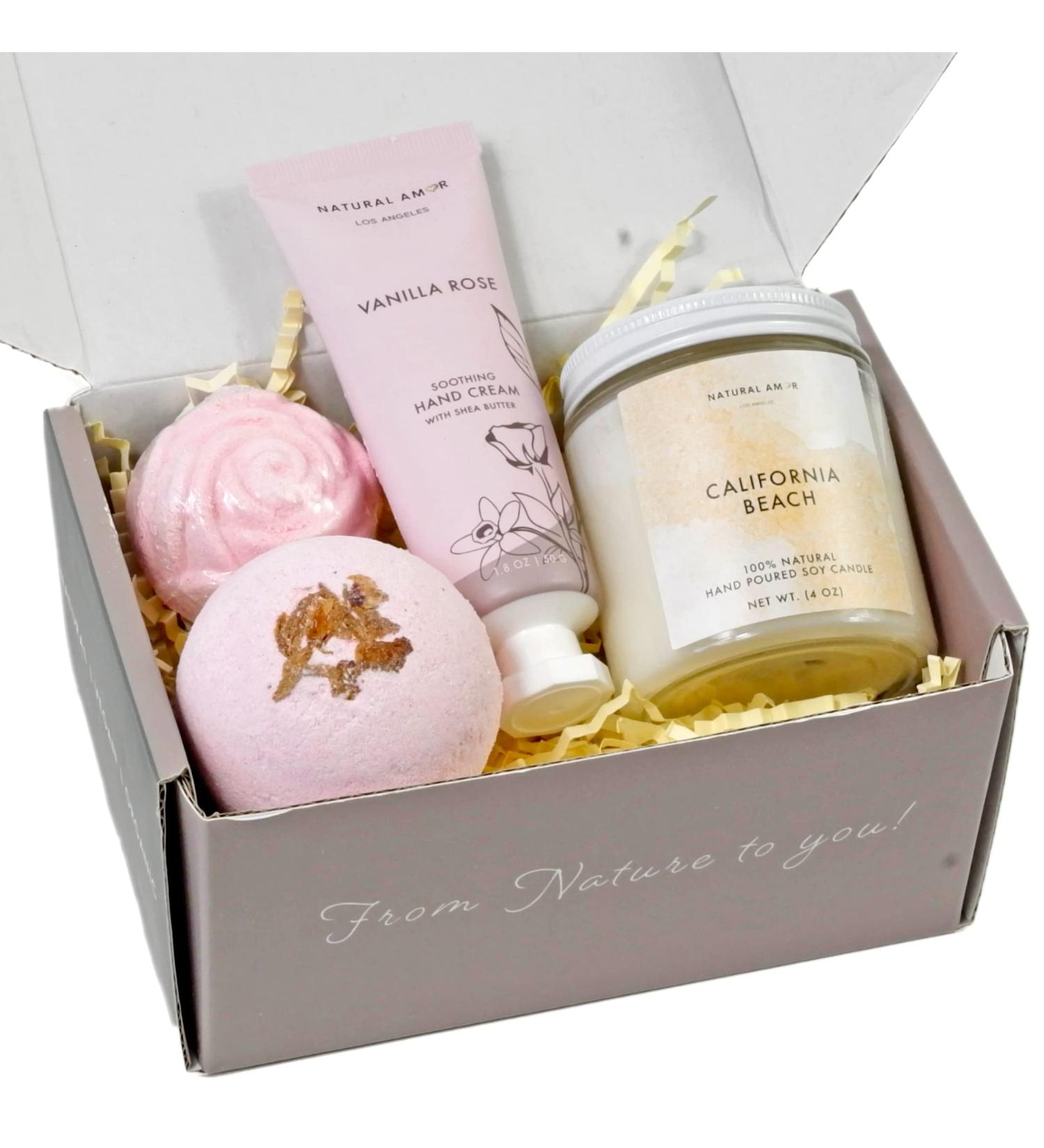 Natural Amor Relaxation Spa Gift Set for Women - 4pc Gift Box with Candle, Hand Cream, Bath Bombs - Buy Online on GoSupps.com