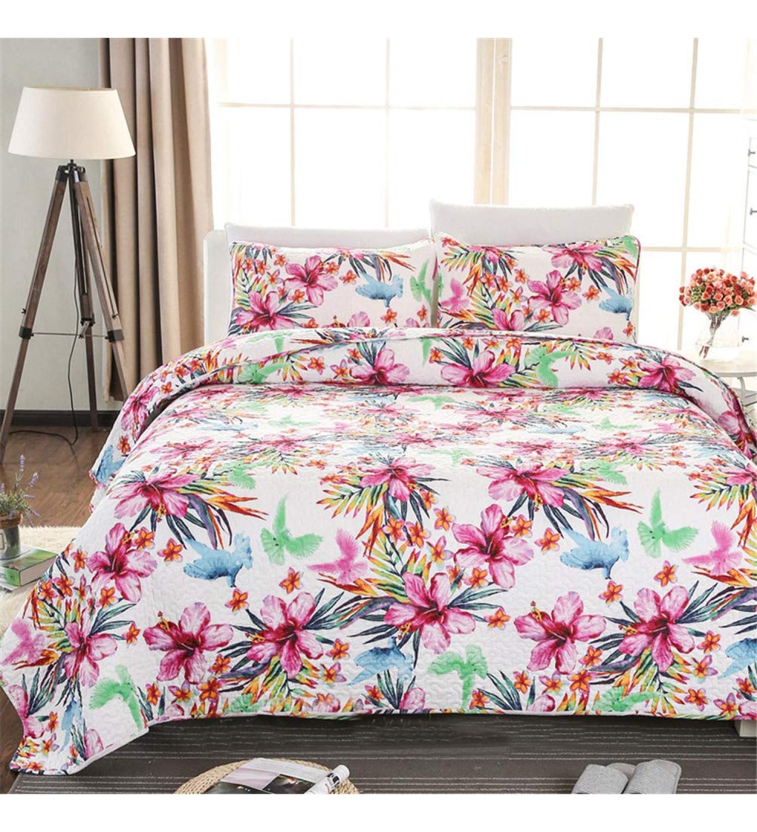 Quilted Bedspread 3 PCS Pink Printed Floral Revisible Lightweight Quilt Coverlets Bedding Set Throw with 2 Pillow Cases Vintage Style 230x250cm - Buy Online on GoSupps.com