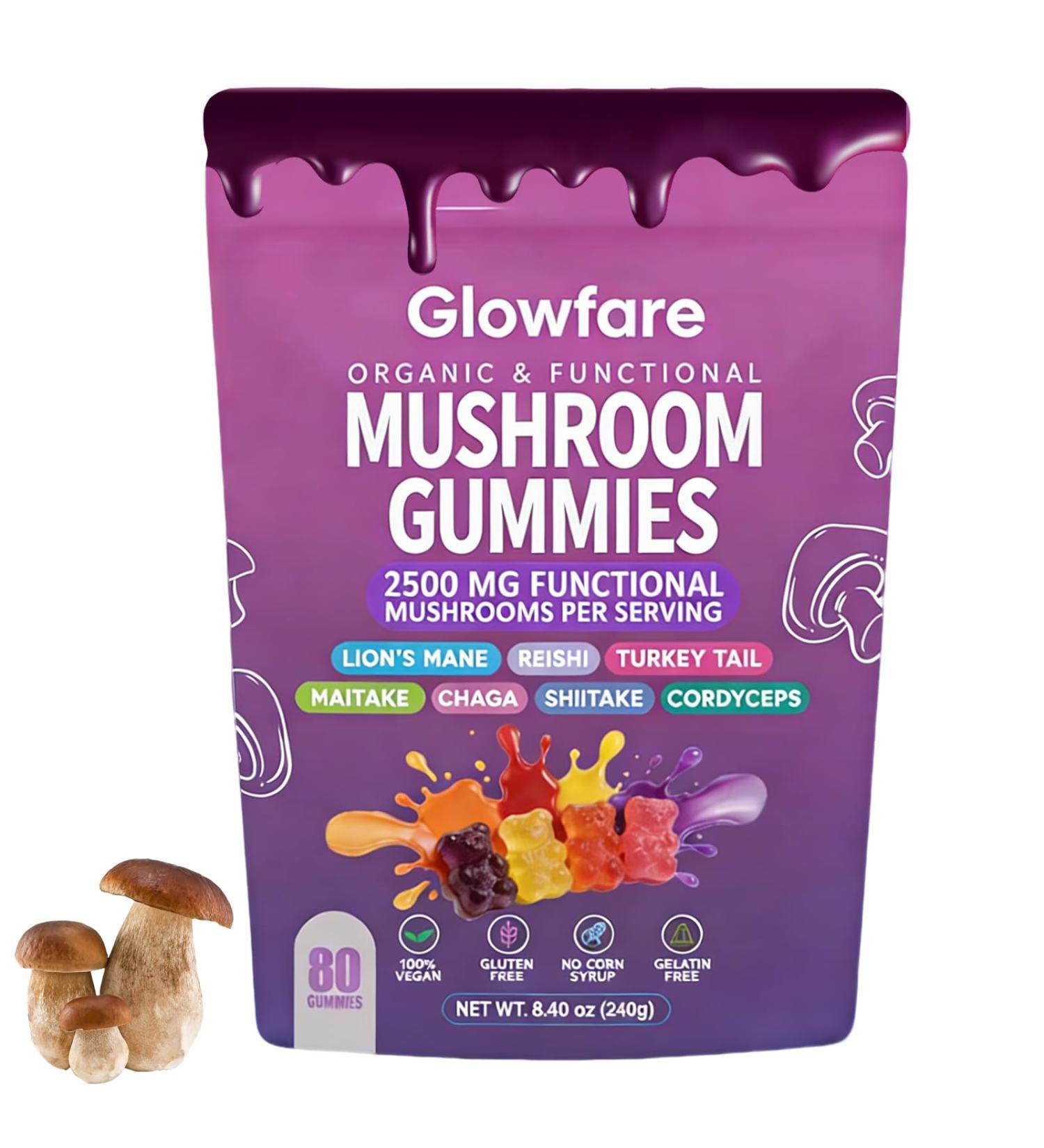 Glowfare Mushroom Gummies Organic & Functional Mushroom Gummies Glow Fare Mushroom Gummies Supplement for ImmuneDefense Immune Boosts Cognitive Performance and Energy 80 Gummies (1PCS) - Buy Online on GoSupps.com