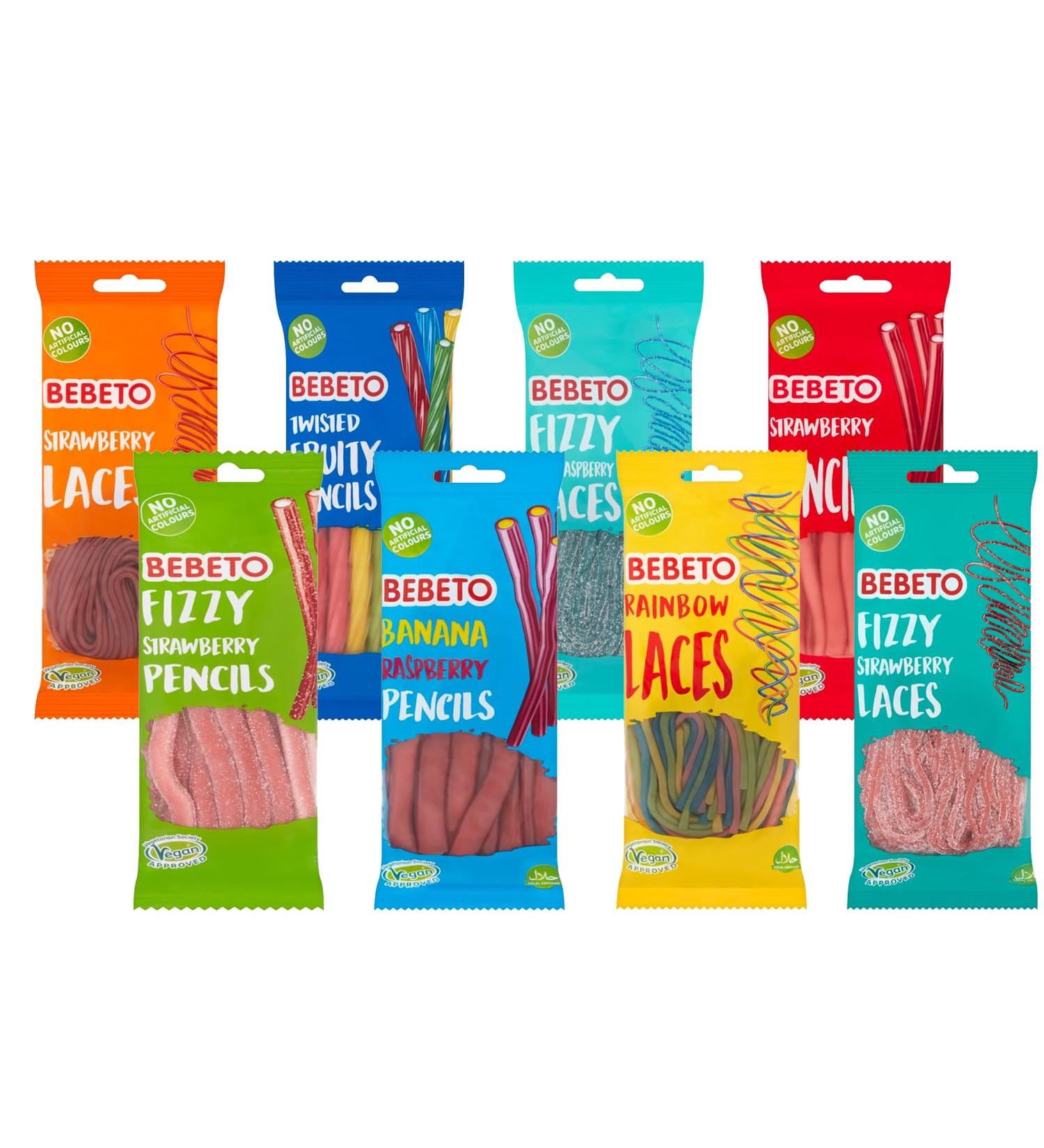 Bebeto Mixed Candy Assortment - Strawberry & Blue Raspberry Laces Fizzy & Twisted Fruit Pencils Rainbow Laces Banana Raspberry Pencils 160g Each - Pack of 8 - Buy Online on GoSupps.com