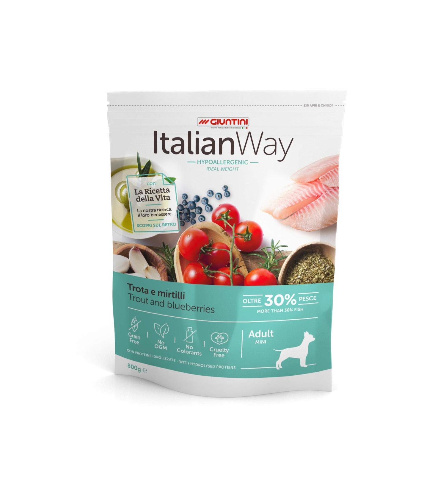 Italian Way Hypoallergenic Dog Food Ideal for Trout and Blueberry Fishing – Adult – Mini – 8 kg
