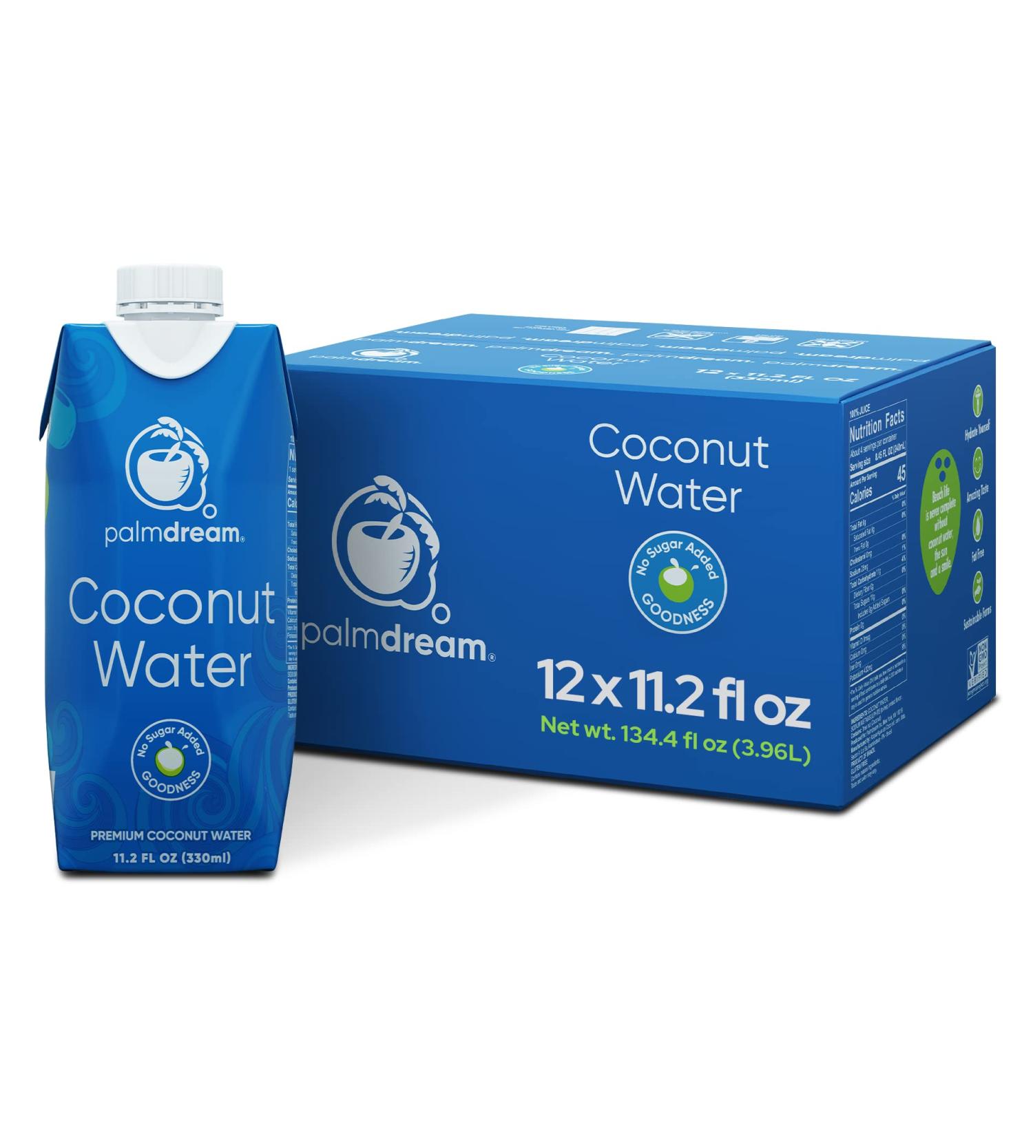 Palmdream Coconut Water - No Sugar Added | Premium Non-GMO Coconut Water from Single Origin Coconuts | Gluten Free | Natural Electrolytes | 12 Pack of 330ml Bottles - Buy Online on GoSupps.com