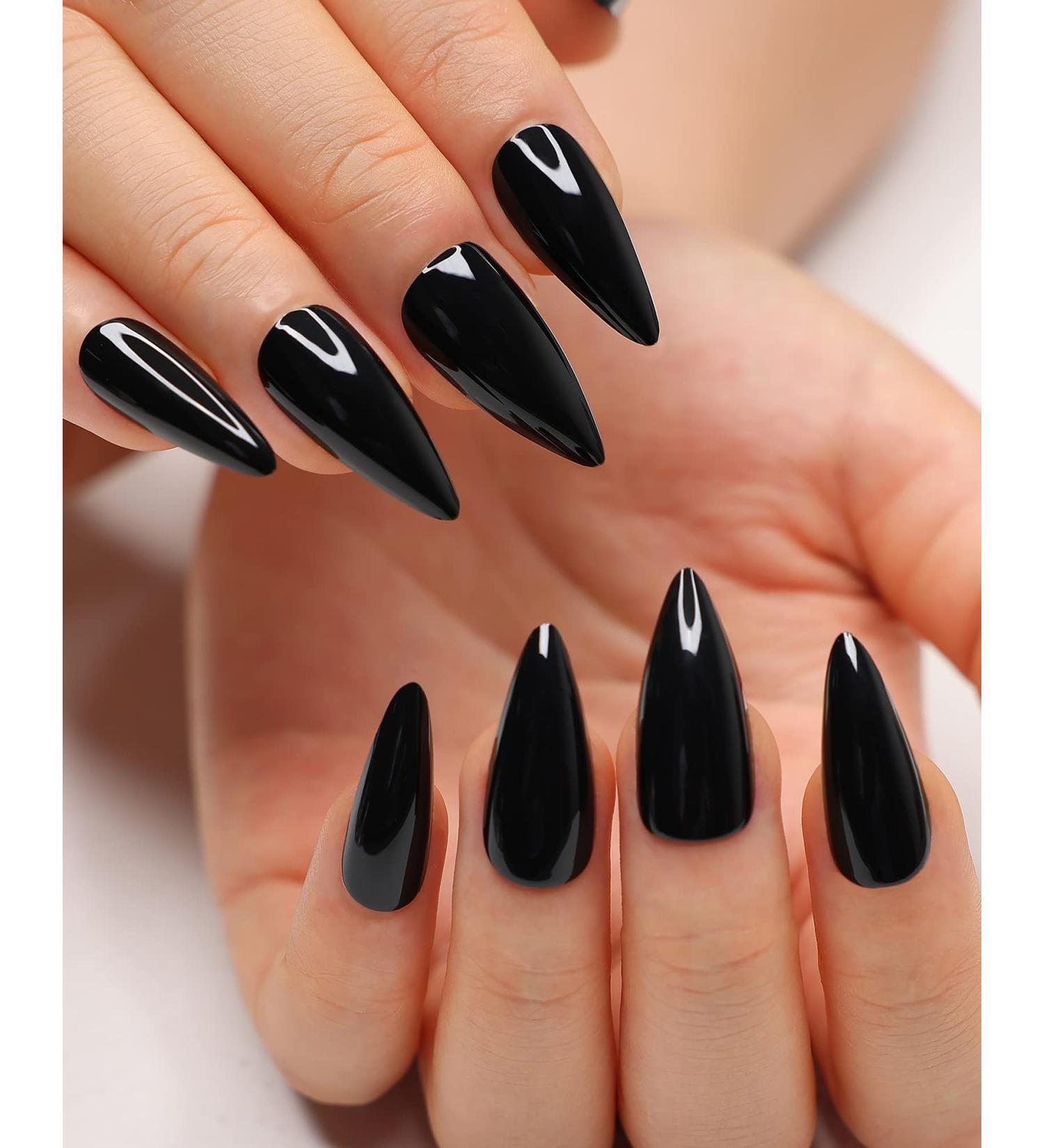 Morily 24Pcs Black Stiletto Press on Nails Medium Length - Almond False Nails Tips for Women & Girls - Buy Online on GoSupps.com