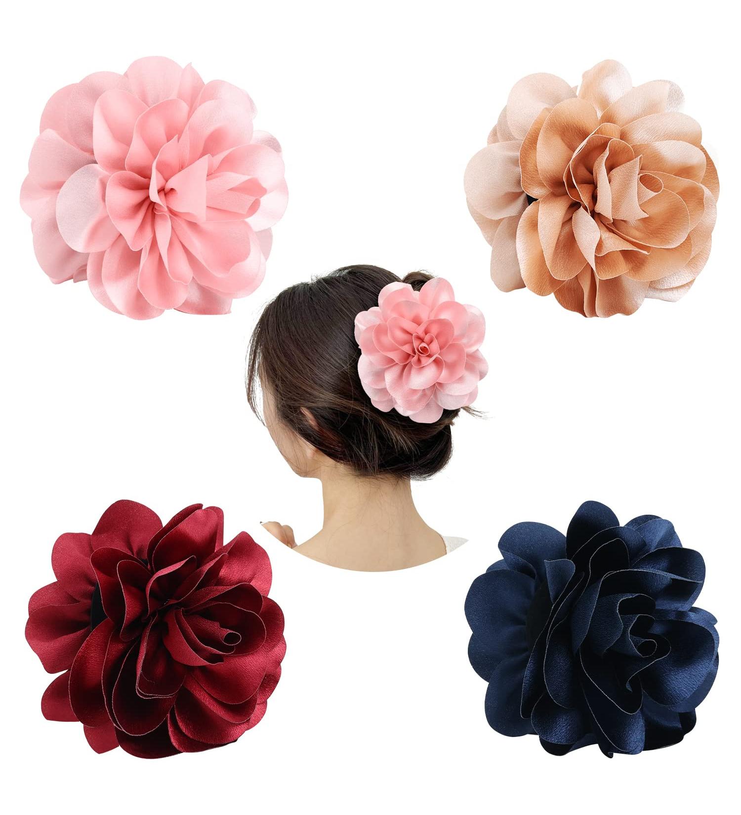 Cinaci 4 Pack Black Plastic Hair Claws with Satin Rose Flower - Hair Accessories for Women and Girls - Buy Online on GoSupps.com