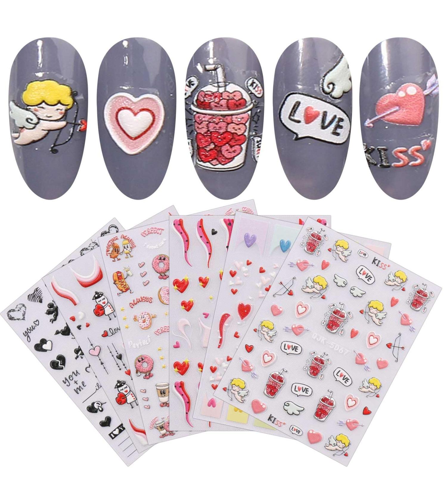 JMEOWIO 6 Sheets 3D Embossed Valentines Day Heart Nail Art Stickers Decals Self-Adhesive 5D Cute Colorful Nail Supplies Nail Art Design Decoration Accessories - Buy Online on GoSupps.com