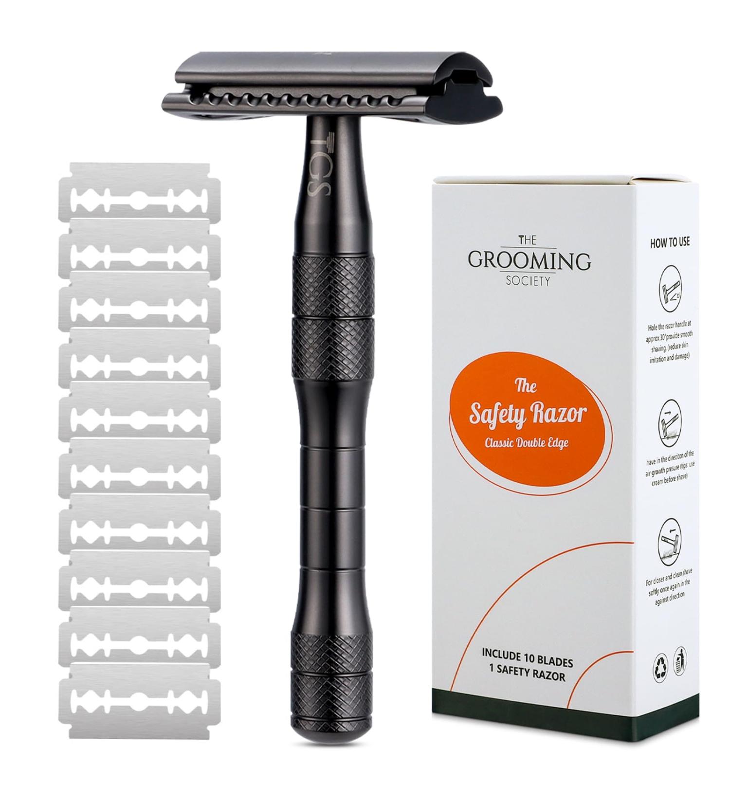 Zero Waste Safety Razor with 10 Double Edge Blade Refills - Eco-Friendly Reusable Shaving Solution for Men & Women - Smooth Matte Black Finish - Buy Online on GoSupps.com