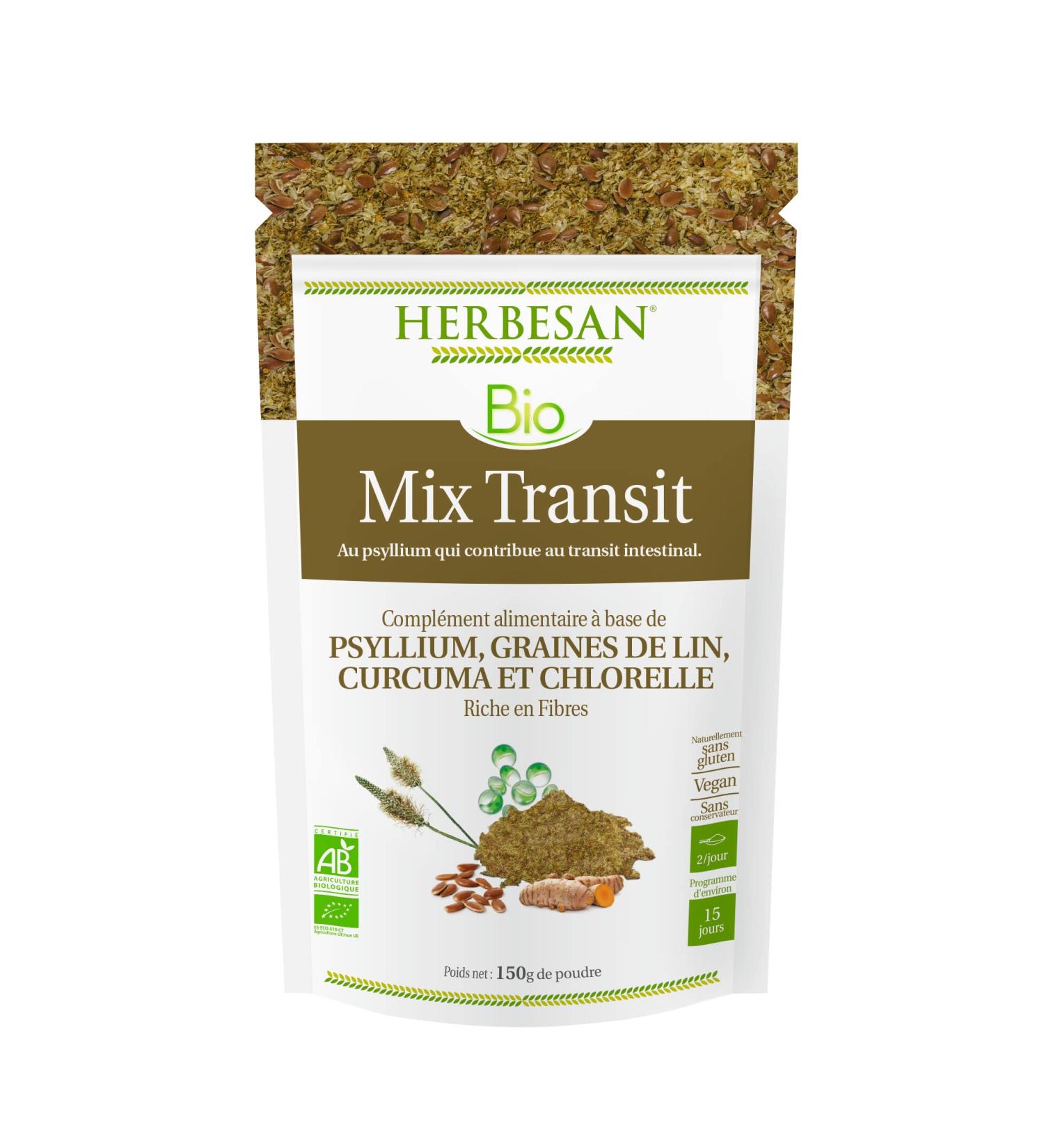 HERBESAN -MIX TRANSIT ORGANIC -Psyllium Flaxseed Turmeric Chlorella - Natural Transit - Resealable Paper Bag -Powder 150g