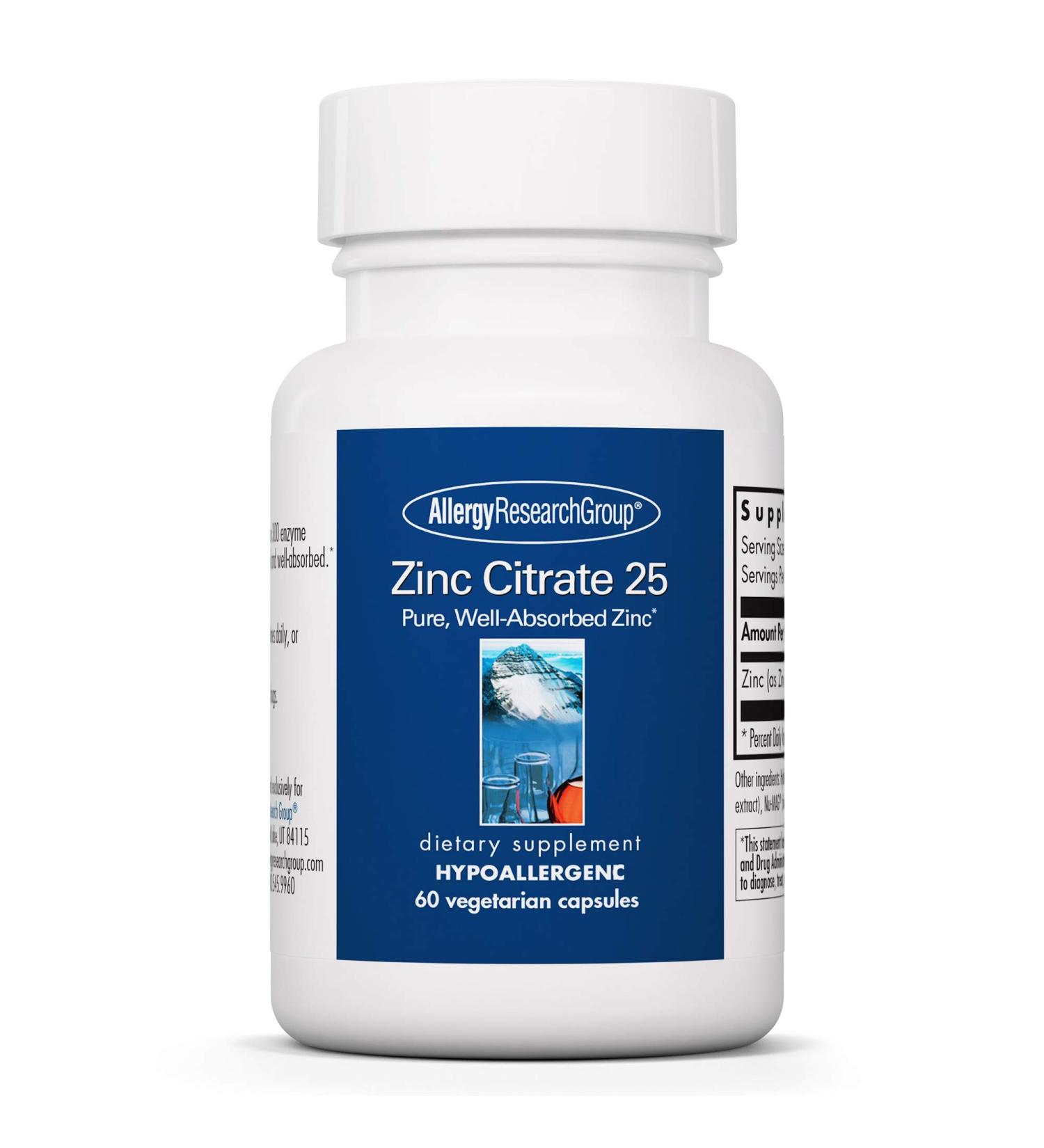 Zinc Citrate 25mg by Allergy Research Group - Immune, Mood & Bone Support - 60 Veg Caps - Buy Online on GoSupps.com