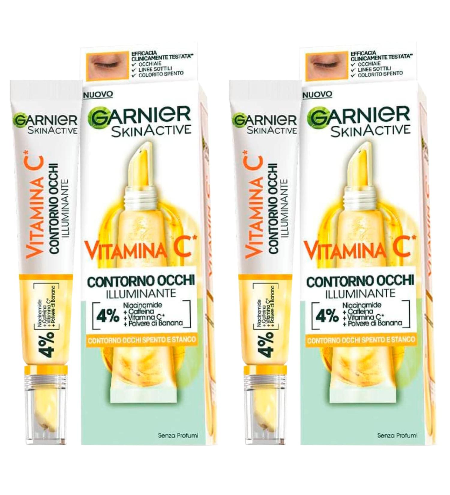 Garnier SkinActive Brightening Eye Cream with Vitamin C for Dull Tired Eyes Vegan Formula with Niacinamide Caffeine and Banana Powder - 2 x 15ml Bottles - Buy Online on GoSupps.com