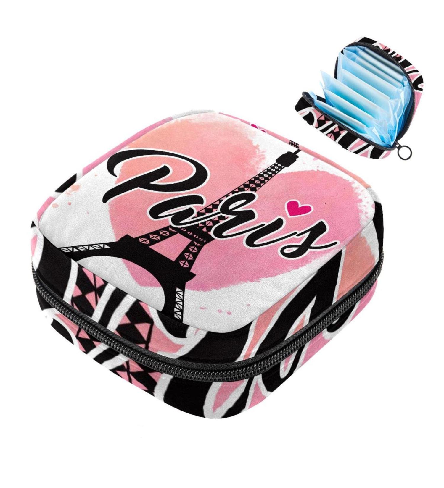 Stylish Menstruation Bag with Zipper | Women's Napkin & Tampon Collecting Bag | Paris Eiffel Tower Watercolor Design - Buy Online on GoSupps.com