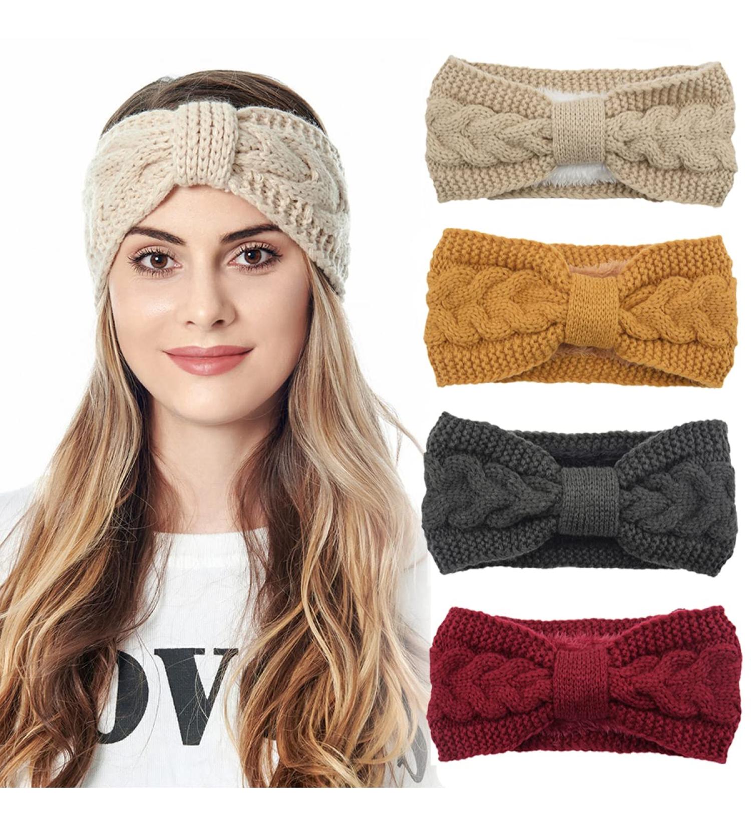 Simoda 4 Pieces Women Winter Warm Fuzzy Fleece Lined Headband Thick Cable knitted Ear Warmer Headwrap (#3) - Buy Online on GoSupps.com