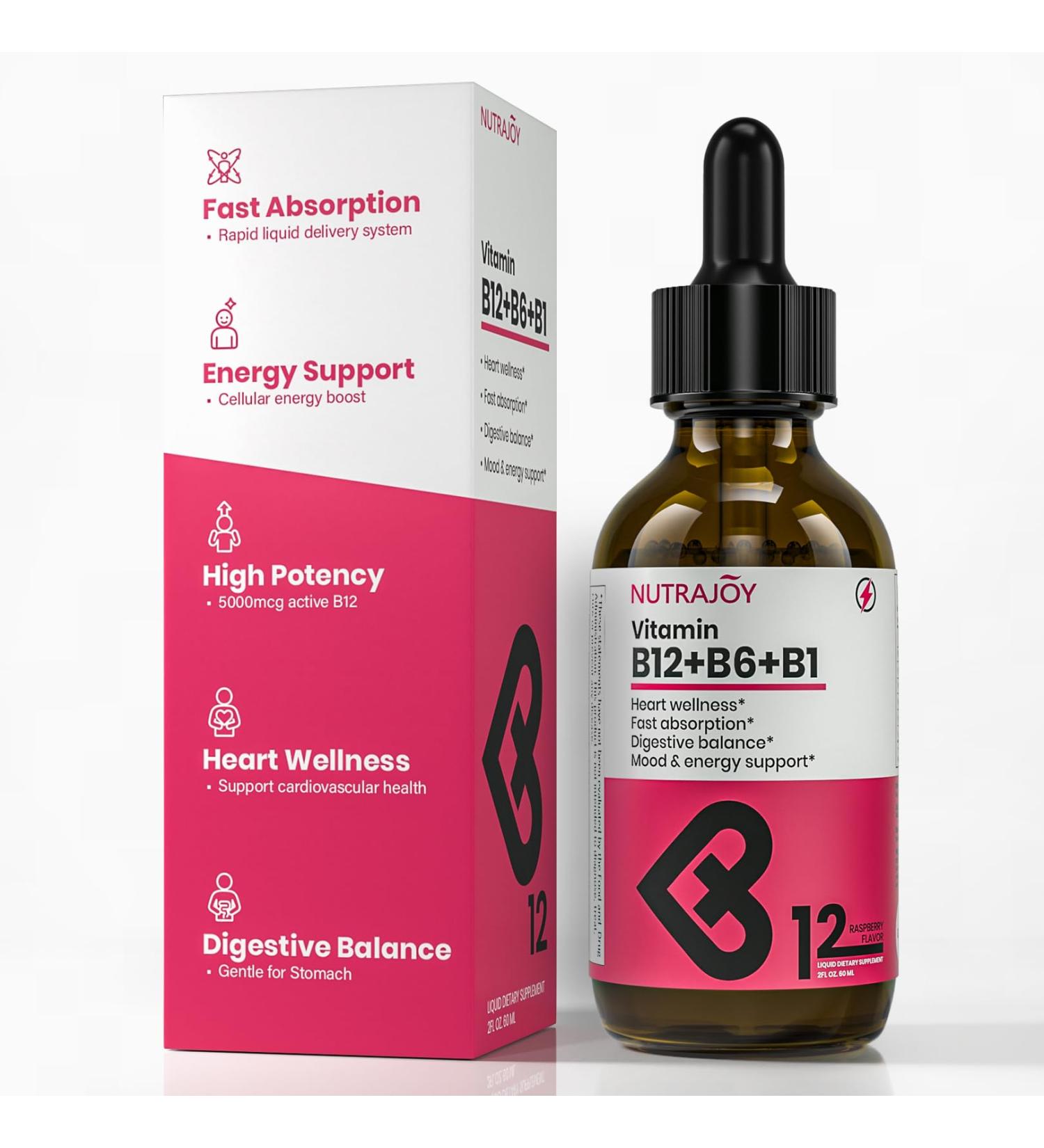NUTRAJOY B12 B6 B1 Vitamin Liquid Drops for Women, Sublingual, Vitamin Complex - B12 Methylcobalamin for Energy, Brain, and Heart Support - 5000 mcg, Raspberry, Vegan, 2 fl oz - Buy Online on GoSupps.com