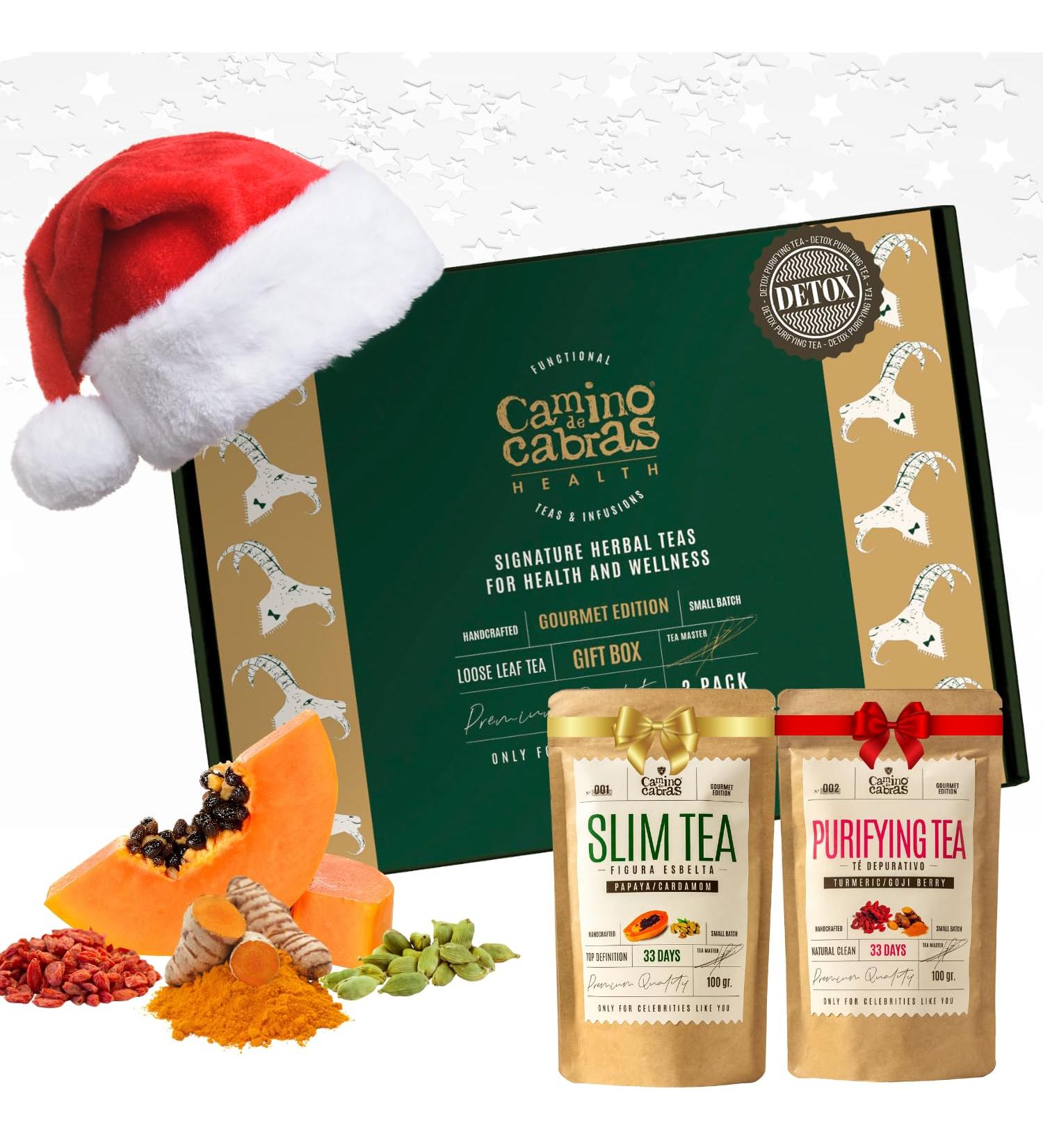  CAMINO DE CABRAS SLIM TEA & DETOX TEA Gift Set - Liver Detox Herbal Tea Draining - Green Tea Turmeric Ginger Dandelion Mate Goji Berry Papaya Cardamom - Natural Ingredients - Loose Leaf Tea 2 x 100g - Buy Online on GoSupps.com