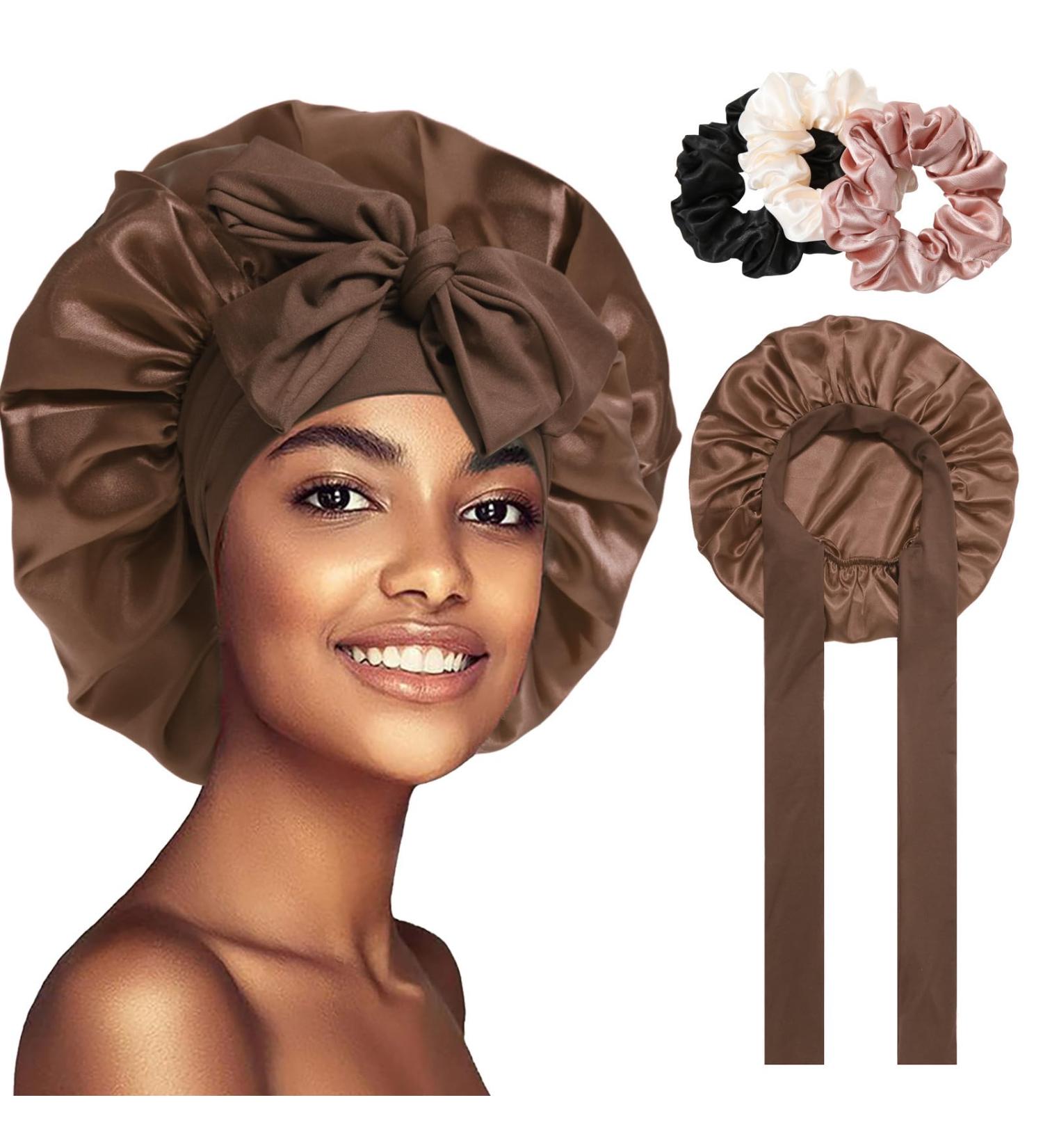 Welrog Silk Sleeping Hood for Women - Night Hair Bonnet & Sleep Cap - Coffee Color + 3 Hair Ties | Ideal for Healthy Hair Care - Buy Online on GoSupps.com