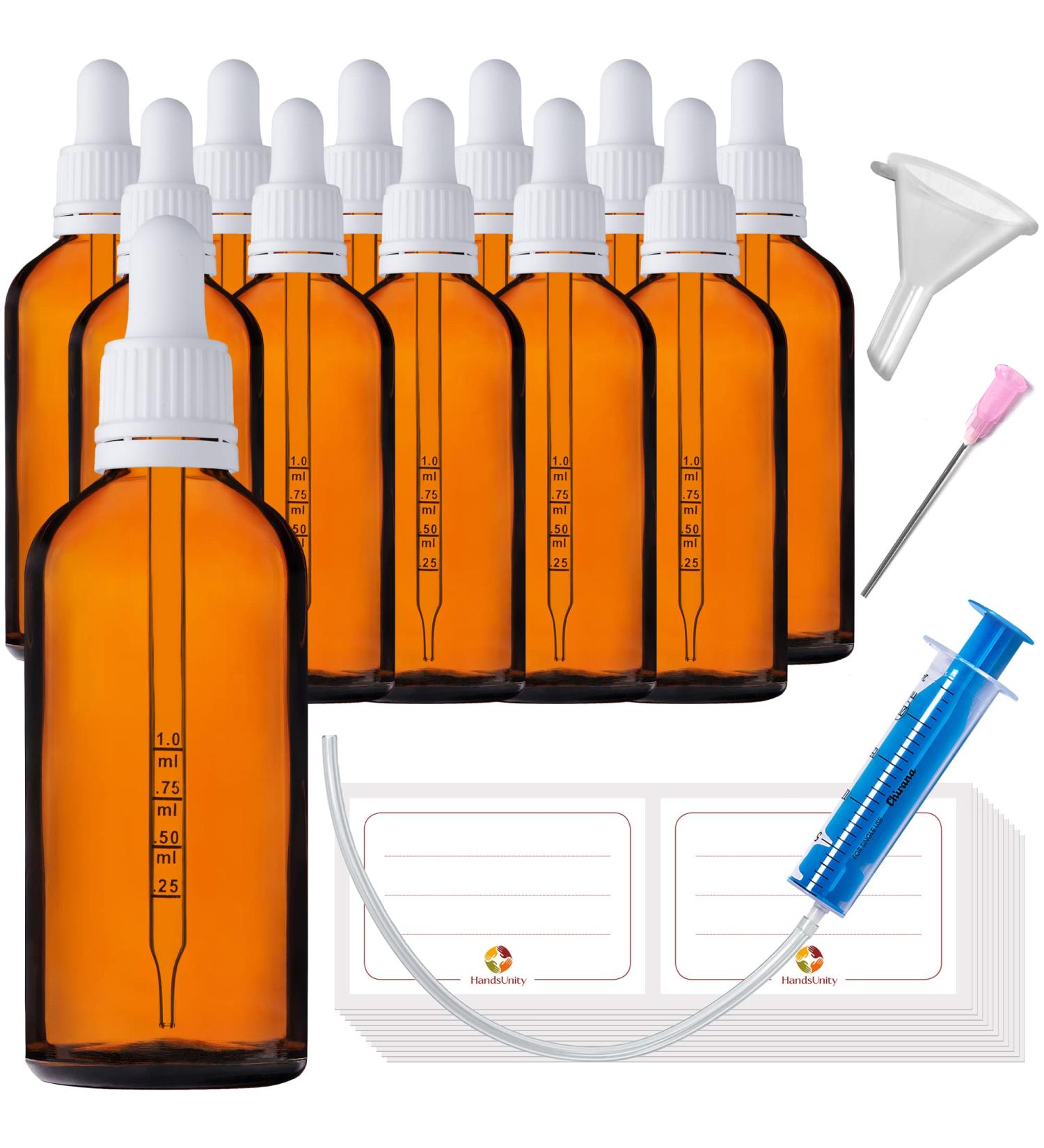 Handsunity 100ml Amber Glass Bottles with White Pipette Lock - 12 Pack Pharmacy Set | 29 Piece Aid Kit - Buy Online on GoSupps.com
