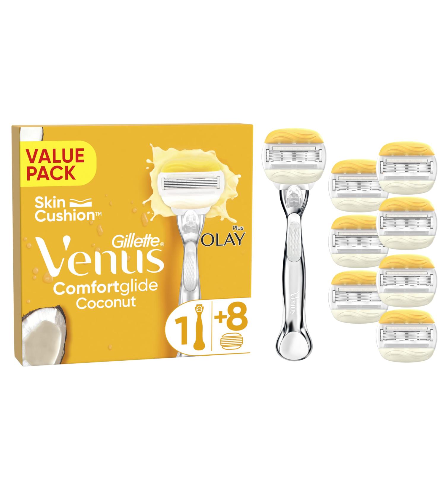 Gillette Venus ComfortGlide Coconut with Olay Women's Razor + 8 Blade Refills, Vitamin E, Gel Bars - Smooth & Comfortable Shave - Buy Online on GoSupps.com