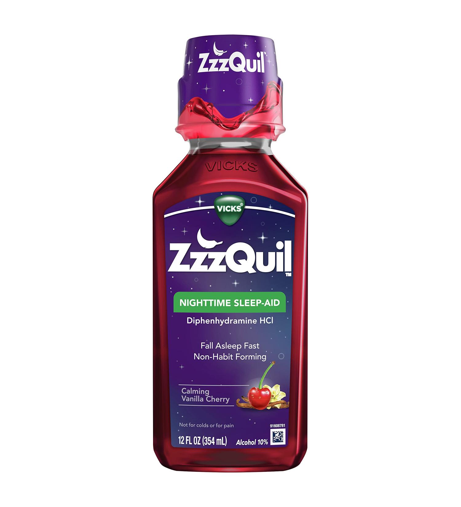ZzzQuil Nighttime Sleep Aid Liquid - 50mg Diphenhydramine HCl - Vanilla Cherry Flavor - 12 FL OZ - Buy Online on GoSupps.com