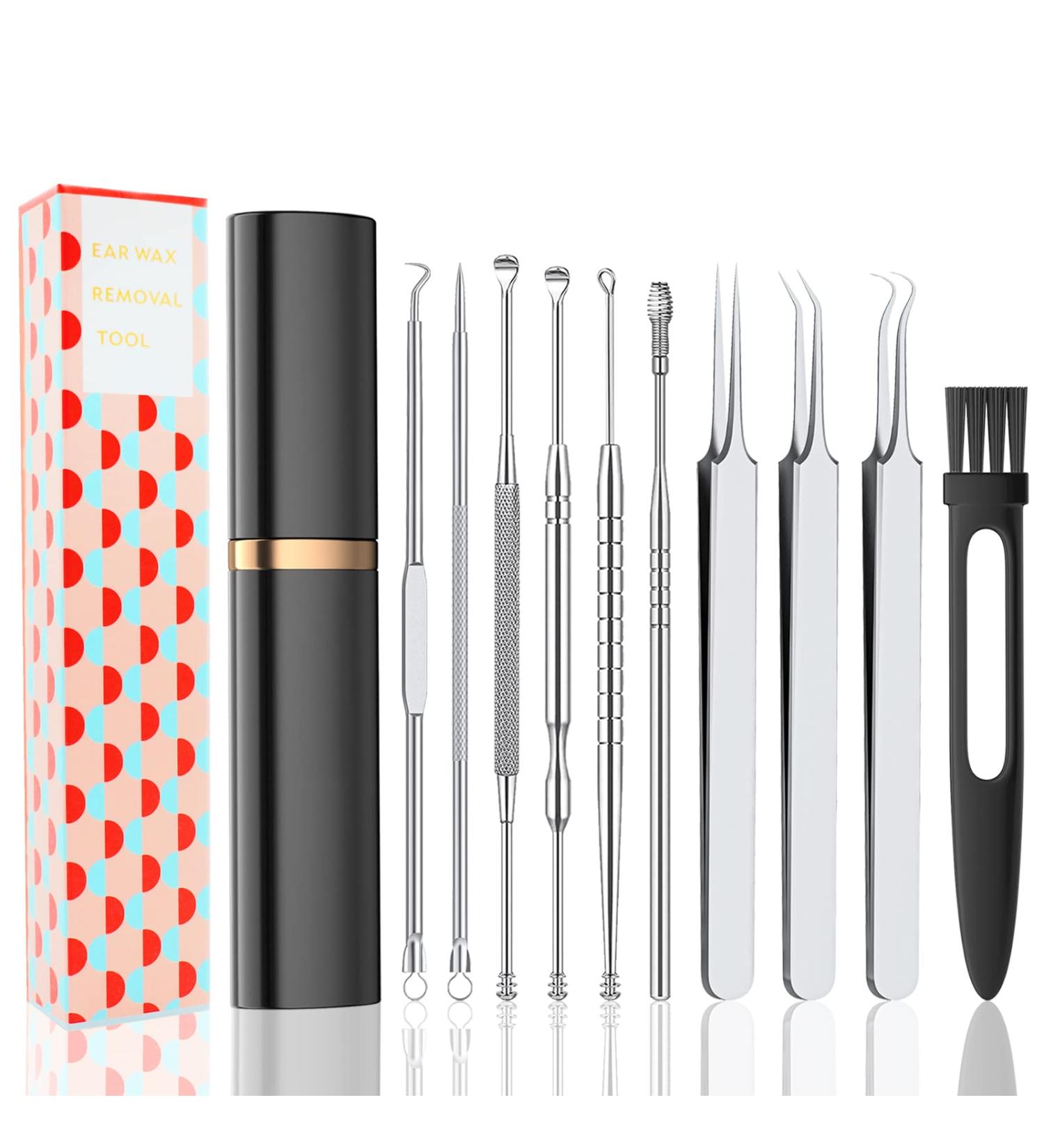 Professional 9 PCS Blackhead & Earwax Removal Kit - Stainless Extractor & Pimple Popper Tools Set with Cleaning Brush and Storage Box - Buy Online on GoSupps.com