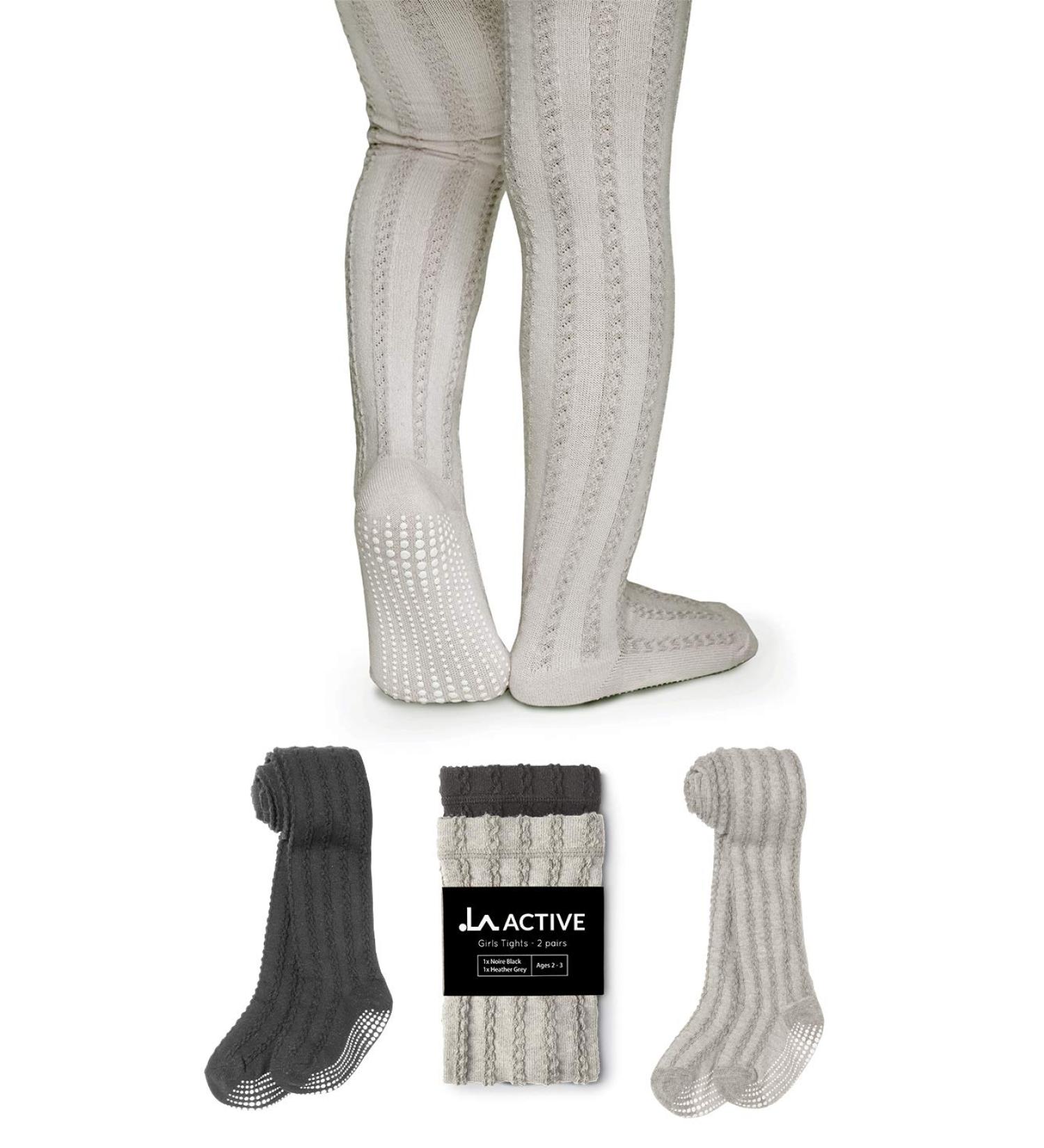 LA Active Baby Girls Cozy Winter Tights - Non-Slip Cotton Cable Knit 2T-5T - Black & Grey - 2 Pairs - Buy Online on GoSupps.com